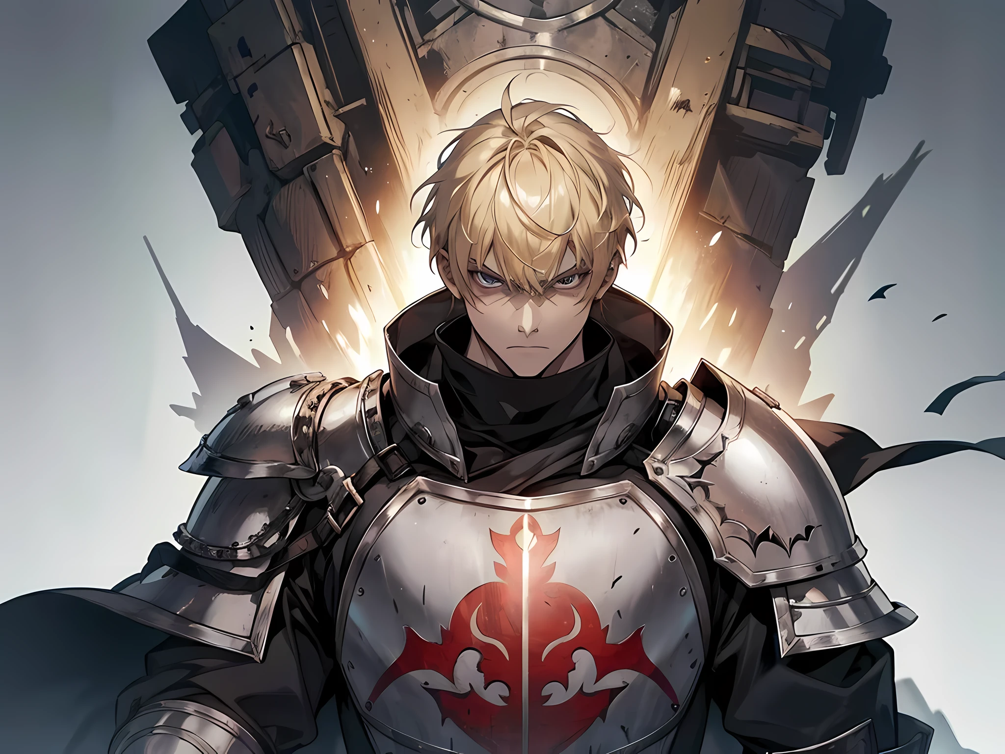 1 man knight, blonde hair, short hair, wearing heavy armor, fighting pose, standing, angry facial expression, face to detail, detailed eyes, the background is dungeon full of monster, full-body illustration