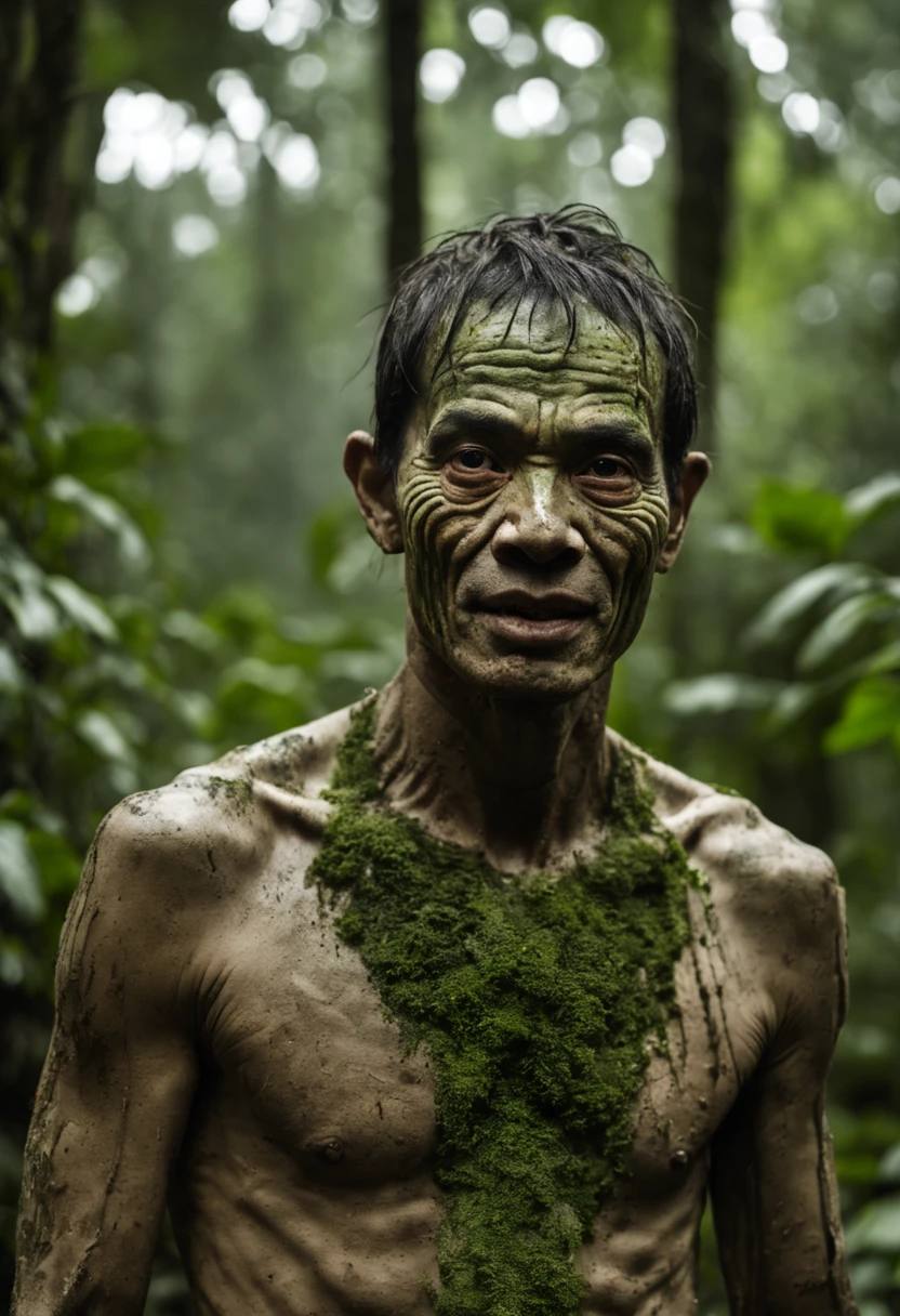 extream close up face Indonesian Wild very thin man ugly mud in jungle the face color white powder, Skin is dirty with dust and moss , leaf on head Action pose , dark forest moon,Movie Poster