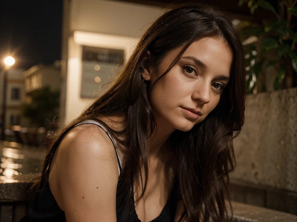 Hyperrealistic photography, mignon , 30 ans, longs cheveux bruns, 64 Ko, chef-d&#39;artwork, photo nette, Regard d face, Dark brown hair, avec chemise moulante, in Málaga, la vue sur la mer, Long Dark brown hair, corps parfait, Model you are looking for, Realistic photo of a girl, sombre dehors, Just after sunset with a beautiful long-haired cat