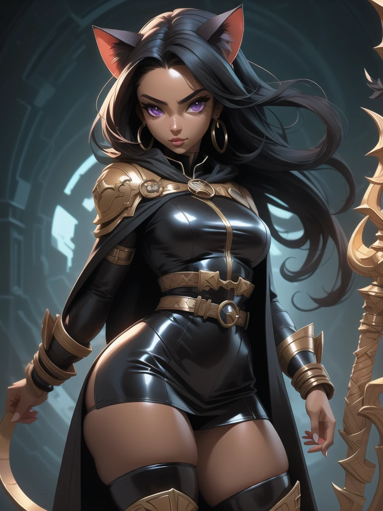 Masterpiece,  official art,  absurdres,  insaneres,  1girl,  solo,  long hair,  black hair,  gloves,  brown eyes,  weapon,  sword,  dark skin,  fingerless gloves,  twitter username,  holding weapon,  armor,  leotard,  dark-skinned female,  holding sword,  tiara,  shoulder armor,  extremely detailed,  ultra sharp,  side lighting,  rim lighting,  neon lighting