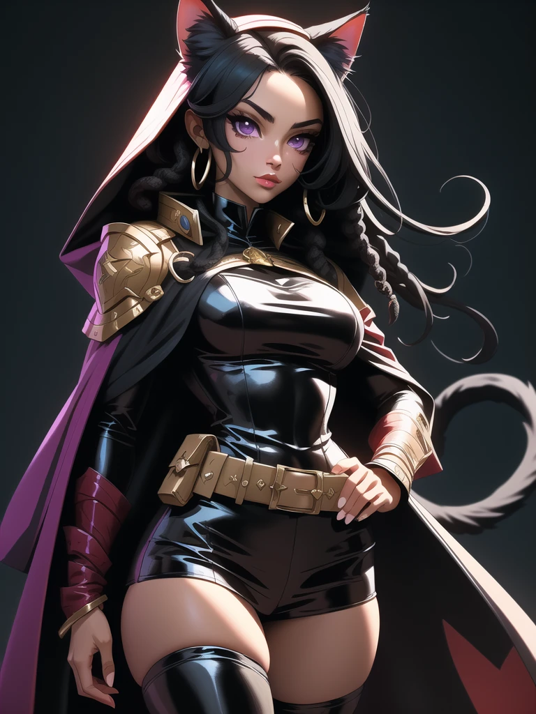 Portrait, Masterpiece, Excellent, 1girl, solo, complex details, color diffusion, comic book, anime, marvel, DC, close-up shot, dark skin, ebony, brown skin, dark-skinned female, thighs, cat ears, black hair, dark hair, dreaded hair, purple eyes, skimpy attire, epic attire, cloak, cloaked, mage assassin, deadly and seductive, demon goddess, Super Villain,  Sci-Fi, Fantasy,