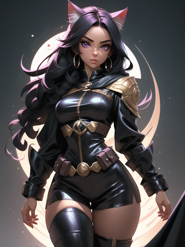 Portrait, Masterpiece, Excellent, 1girl, solo, complex details, color diffusion, comic book, anime, marvel, DC, close-up shot, dark skin, ebony, brown skin, dark-skinned female, thighs, cat ears, black hair, dark hair, dreaded hair, purple eyes, skimpy attire, epic attire, cloak, cloaked, mage assassin, deadly and seductive, demon goddess, Super Villain,  Sci-Fi, Fantasy,