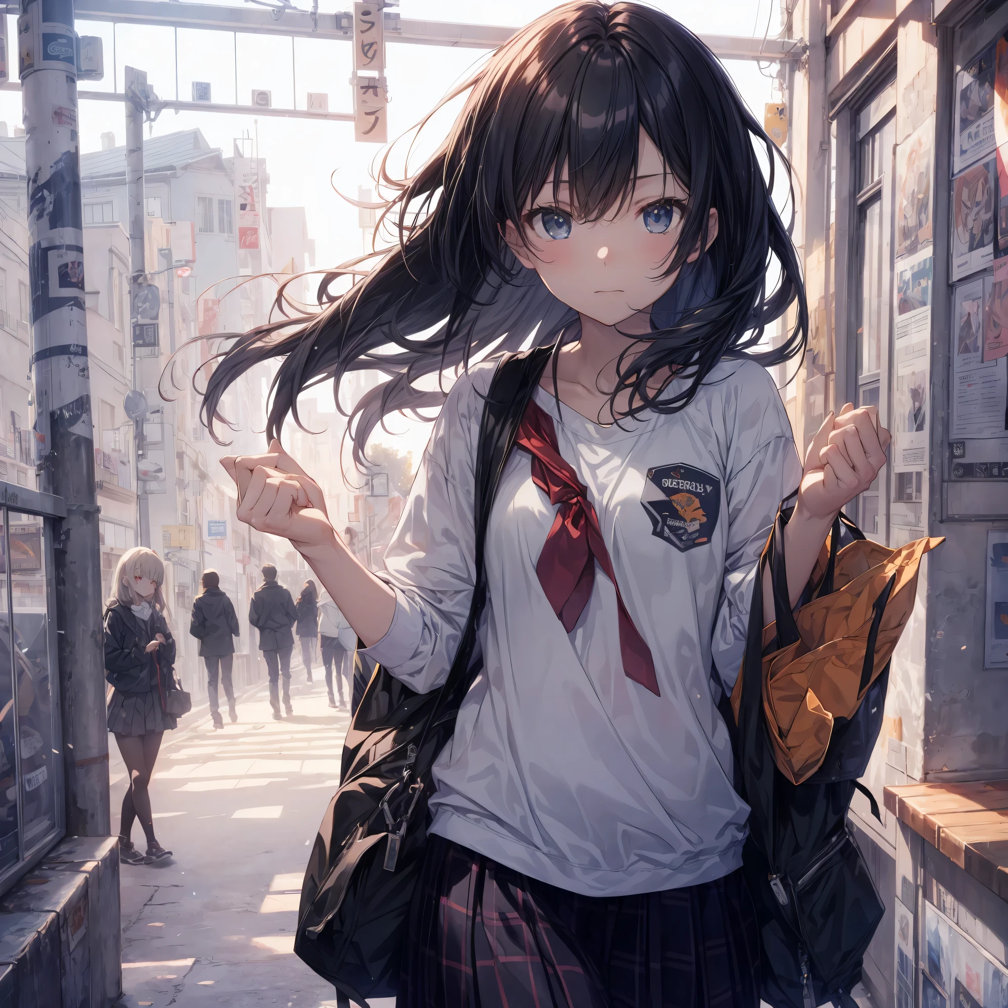 Super high quality by the art god, super detailed, High resolution,Kyoto animation style, anime moe art style, best anime 8K konachan wallpaper, pixiv contest winner, perfect anatomy, break,(眠そうにalone学校へ行く女の子を描いてください. ),break, surreal high school girl, (alone,lolita,13 years old:1.3),All limbs, full finger,, androgynous charm, (very short hair), messy hair, flat chest, small ass, between legs, Small black eyes,beautiful and fine eyes, Well-proportioned iris and pupils, disgusted eyes, High resolutionの詳細な髪, wearing school uniform, (skirt), On the way to school. break,super dense skin, Best lighting by famous artists, 8K, figure,