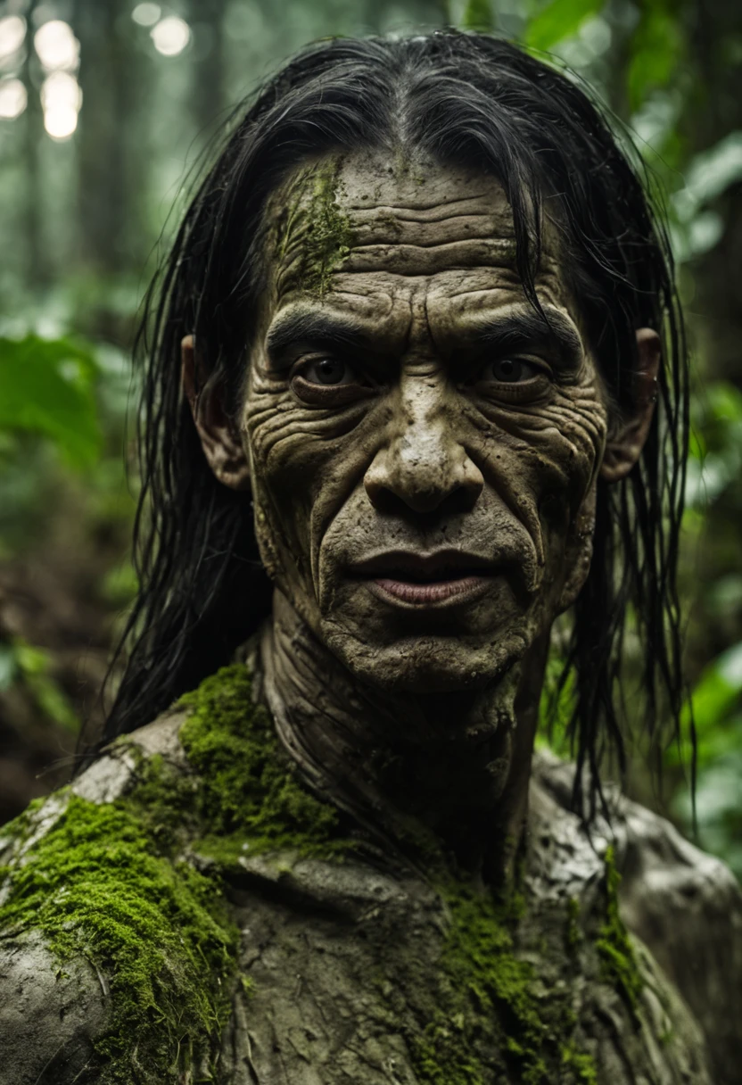 extream close up face Indonesian Wild very thin man long hair ugly mud  in jungle Dust your face with dry, crusted powder, Skin is dirty with dust and moss , leaf on head Action pose , dark forest moon,Movie Poster