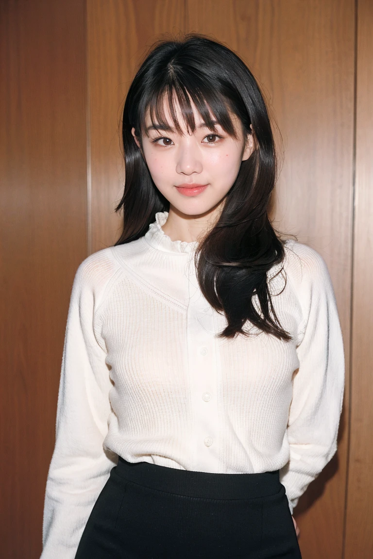 (8K, RAW photo, highest quality, masterpiece:1.2), ultra detail, super resolution, (realistic, realistic Photo:1.37), portrait, High resolution raw color photos, professional photos, 非常に詳細で美new, very detailed, 8k wallpaper, surprisingly detailed, huge file size, official art, highly detailed CG unity 8k wallpaper, very detailed美少女, very detailed顔, very detailed目, very detailed肌, very detailed指, very detailed鼻, very detailed詳細な口 , perfect anatomy, very detailed背景, very detailed衣服, 1 girl, (18:1.2), 20th generation, cute girl, realistic body, small, Fair skin, glowing skin , because I&#39;thin, handsome body, black hair , Rolled up hair, (dull bangs:1.2), smile, cute, like々new, cute face, realistic face, delicate eyes, droopy eyes, knit shirt, knit mini skirt, looking at the viewer, cowboy shot, facing the front, Standing position, Opposition, dynamic lighting, very big breasts,