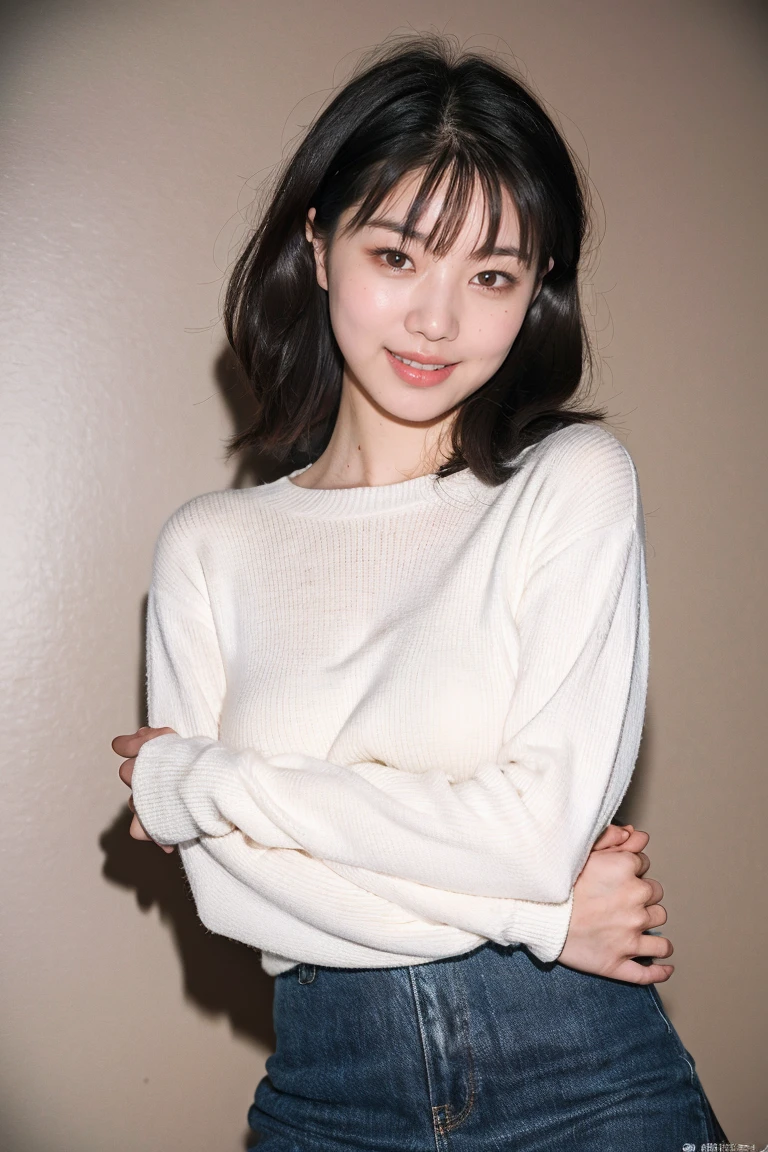 (8K, RAW photo, highest quality, masterpiece:1.2), ultra detail, super resolution, (realistic, realistic Photo:1.37), portrait, High resolution raw color photos, professional photos, 非常に詳細で美new, very detailed, 8k wallpaper, surprisingly detailed, huge file size, official art, highly detailed CG unity 8k wallpaper, very detailed美少女, very detailed顔, very detailed目, very detailed肌, very detailed指, very detailed鼻, very detailed詳細な口 , perfect , very detailed背景, very detailed衣服, 1 girl, (18:1.2), 20th generation, cute girl, realistic body, small, Fair skin, glowing skin , because I&#39;thin, handsome body, black hair , Rolled up hair, (dull bangs:1.2), smile, cute, like々new, cute face, realistic face, delicate eyes, droopy eyes, knit shirt, knit mini skirt, looking at the viewer, cowboy shot, facing the front, Standing position, Opposition, dynamic lighting, very big breasts,