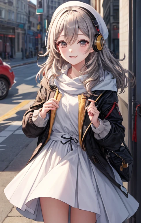 girl with、No background、without background、Background through、Golden white hair、Pink ash、short-cut、Two knots、Twin-tailed、Sareme、Gray eyes、Black coat、Winding muffler、Earmuffs、long-sleeve、Striped ribbon、A smile、Kind face、kawaii、without background