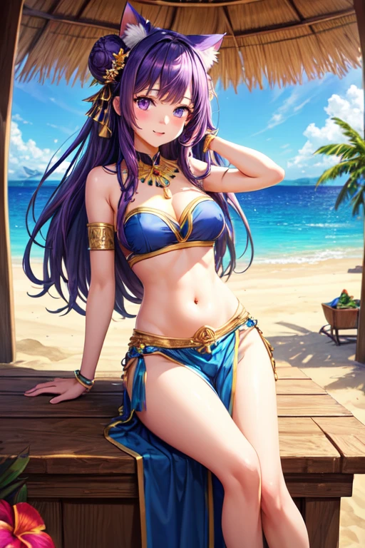 ((highest quality)), ((masterpiece)), (be familiar with), perfect face((highest quality)), ((masterpiece)), (be familiar with), perfect face, girl, purple hair, long hair, tropical beach theme, put your hand on your waist, bun hair, cat girl, Belly Dancer Costumes, shrine theme, Night theme,open your legs.