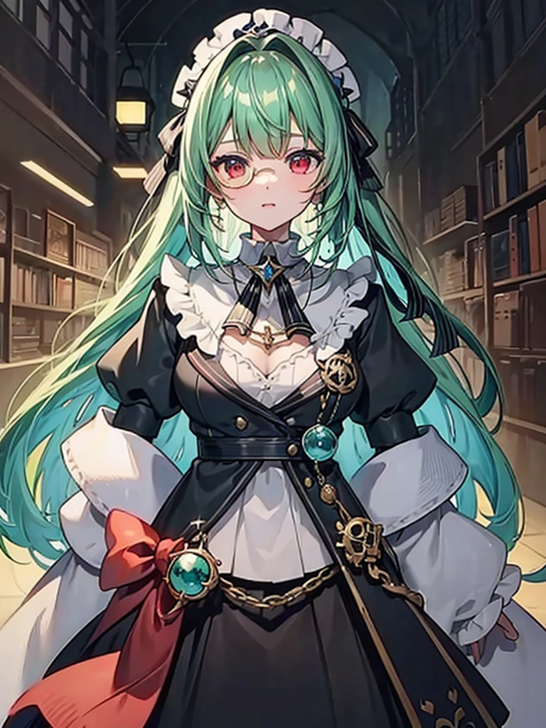 (((masterpiece、Highest image quality、highest quality、highly detailed unity 8kwallpaper)))、((Illustration of one girl、upper body))、(((beautiful girl)))、(librarian)、(Emerald green hair、sidelocks:1.2、red eyes)、(((crazy smile)))、(((flat chest)))、(monocle)、pocket watch、(((Black top hat、Black tuxedo)))、great medieval library