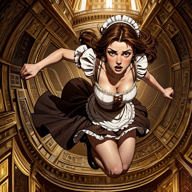 masterpiece, best quality,8k resolution,realistic,, 1 girl, Girl falling off Roman stadium, free falling, wear a maid outfit, looks scared, long brown hair, detail eyes, detail hands and legs, different perspectives