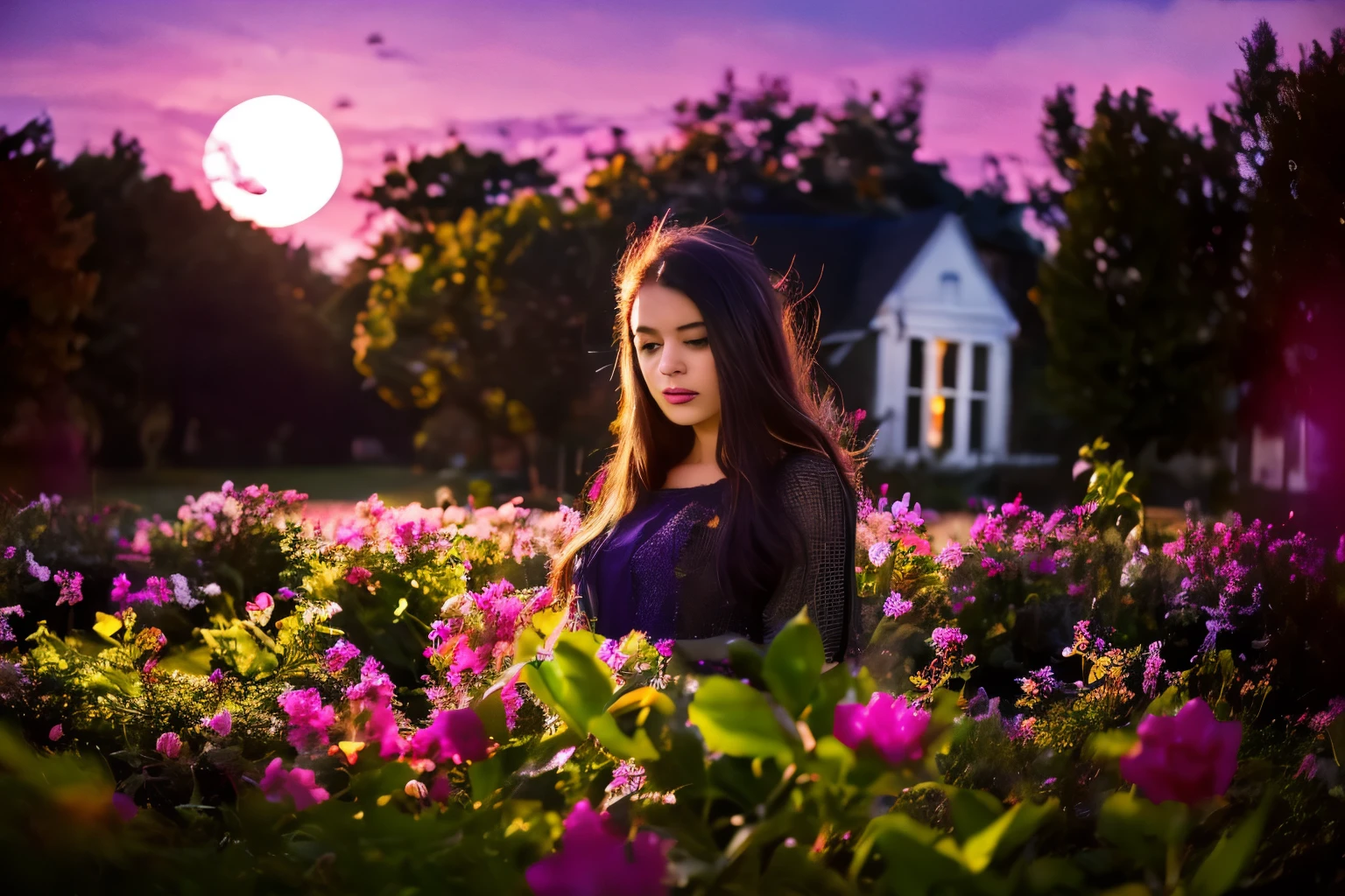 Generate a hyper-realistic image that employs the shallow depth of field technique to highlight a Gothic girl at ((night in a cemitery)) setting, (((under the moonlight))). The girl should be the focal point, with crisp clarity, while the background of the Gothic cemitery should be gently blurred to create a bokeh effect. (((In the foreground, A Christian cross))) should be visible but blurred, adding depth to the composition.", adding depth to the composition. Sony Alpha A7R III, macros lens , f/5.6. ((Cinematic purple and magenta Lighting)) .