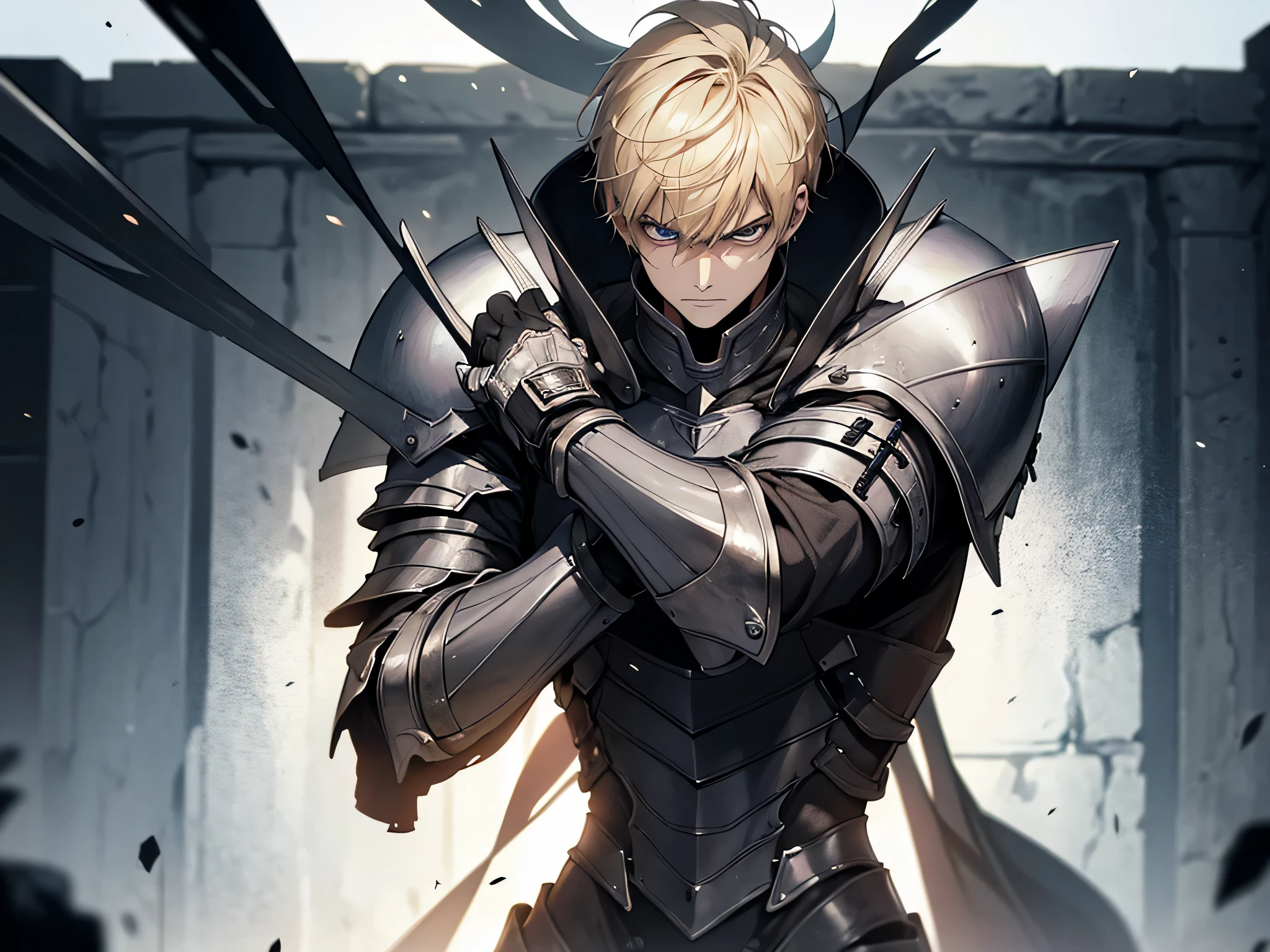 1 man knight, blonde hair, short hair, wearing heavy armor, fighting pose, standing, angry facial expression, face to detail, detailed eyes, the background is dungeon full of monster, full-body illustration