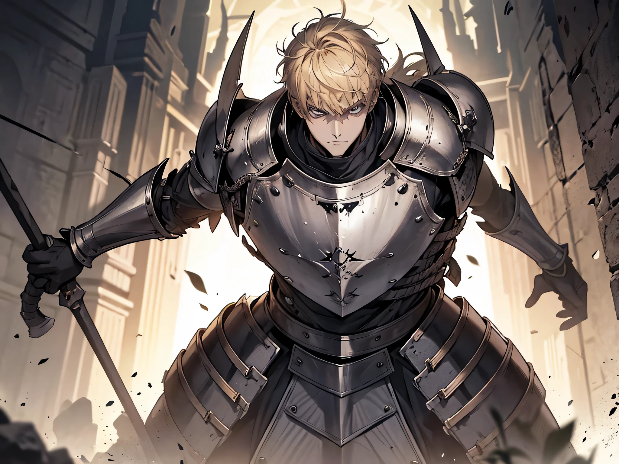 1 man knight, blonde hair, short hair, wearing heavy armor, fighting pose, standing, angry facial expression, face to detail, detailed eyes, the background is dungeon full of monster, full-body illustration