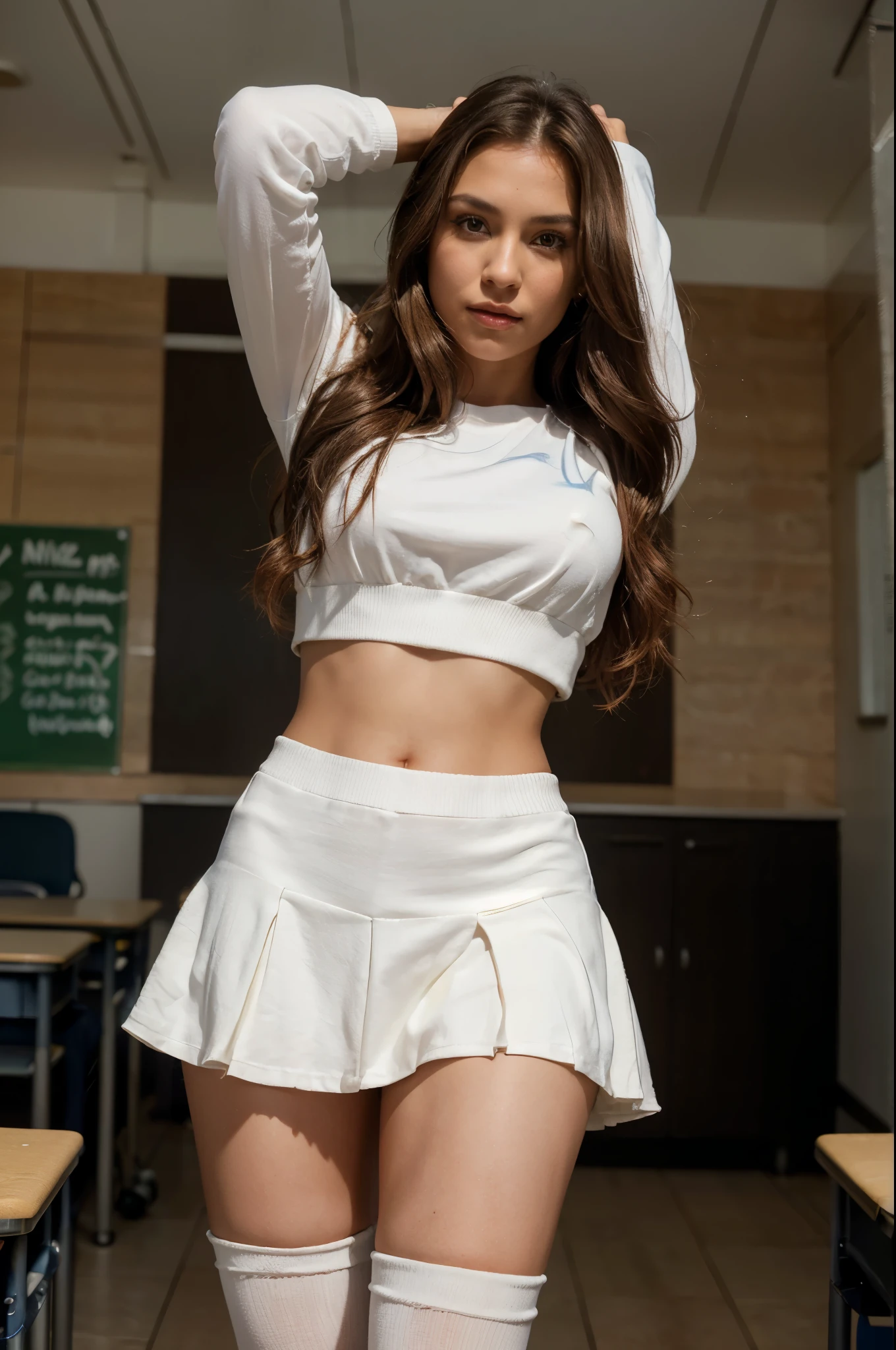 front view, 1 gorgeous latina/italian woman, wavy brown hair, she's a magazine model, flirts with camera, (hands up fixing hair pose in school :1.3), (she wears Knee-high Cotton Socks and mini-skirt:1.2), (brown eyes), ((high detailed skin, skin details)), sharp focus, 8k uhd, dslr, high quality, film grain, rim light, koda chrome, RAW, Nikon z 85mm, extremely detailed award winning, front lit, HDR
