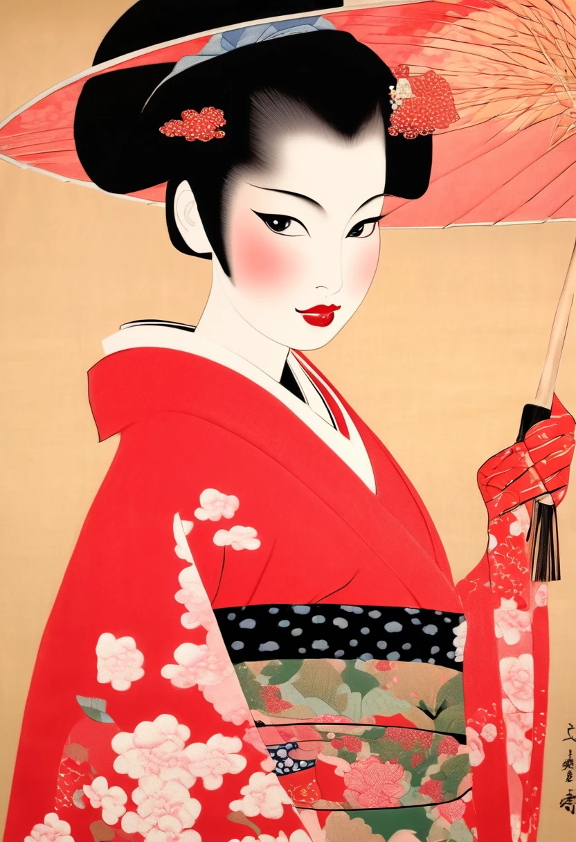 A picture of a woman wearing a kimono with a red umbrella, inspired by Matsuno Chikanobu, inspired by Tosa Mitsunobu, Inspired by Itō Shinsui, by Ayako Rokkaku, elegant japanese woman, geisha photo portrait