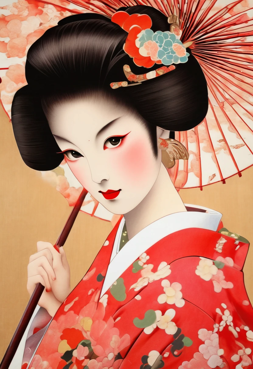 A picture of a woman wearing a kimono with a red umbrella, inspired by Matsuno Chikanobu, inspired by Tosa Mitsunobu, Inspired by Itō Shinsui, by Ayako Rokkaku, elegant japanese woman, geisha photo portrait