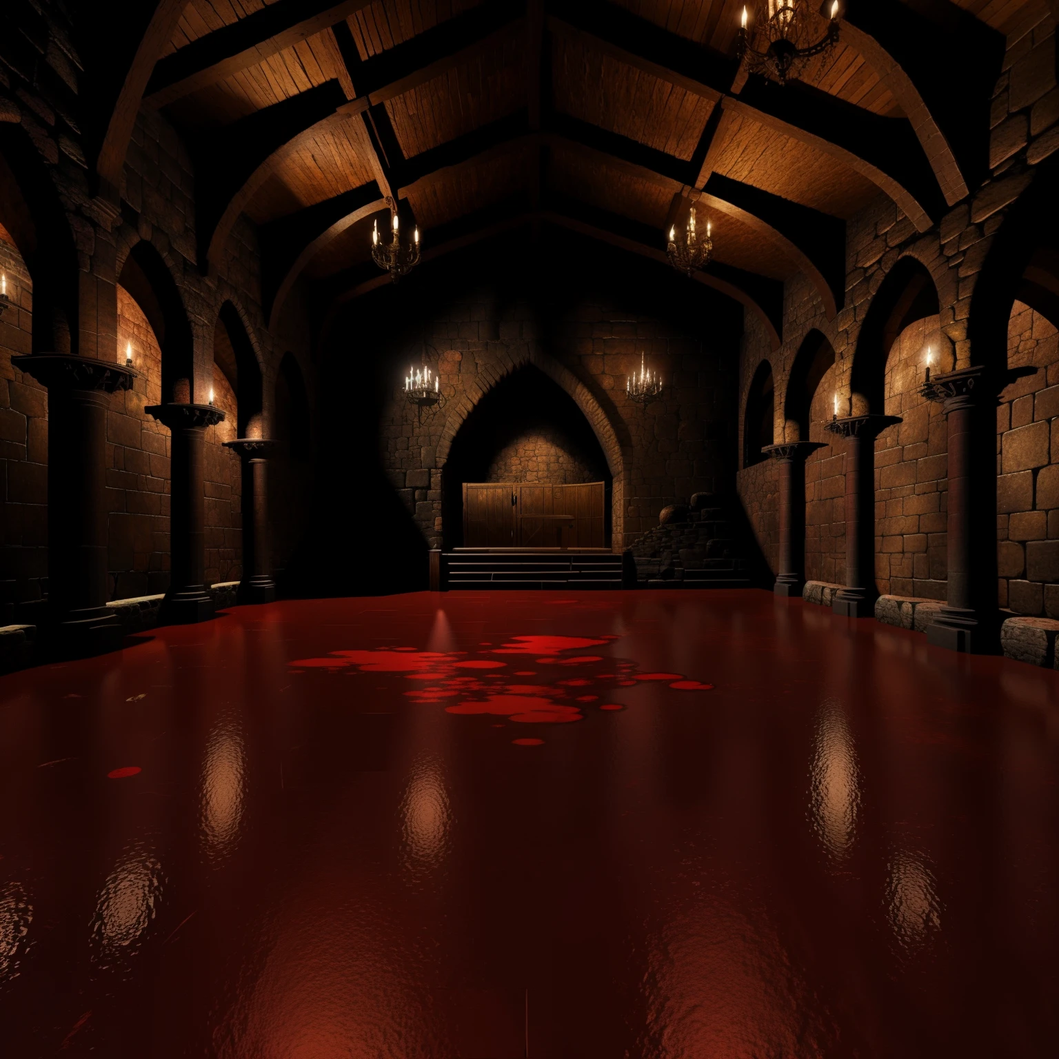 Medieval dungeon, Fantasy, A dark huge room, the floor is completely covered in blood, the background