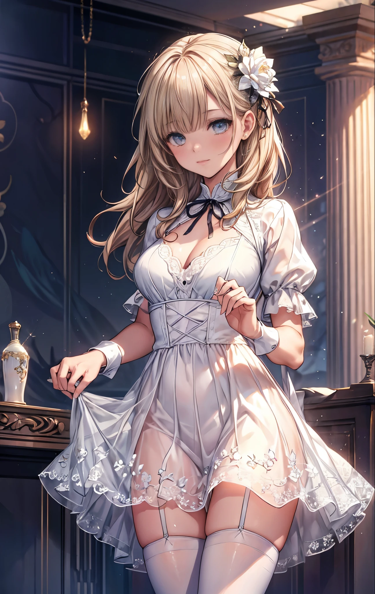 {{masterpiece}}，best quality，Highly detailed CG Unity 8K wallpaper，One woman，movie lighting，lens flare glow,
perfect style, perfect body, Floral lace, cute flare mini dress, mini dress with ribbon, emphasize the chest, shiny thighs, costume with lace, The luxurious interior of a high-class brothel, white rose flower, Lace white stockings,