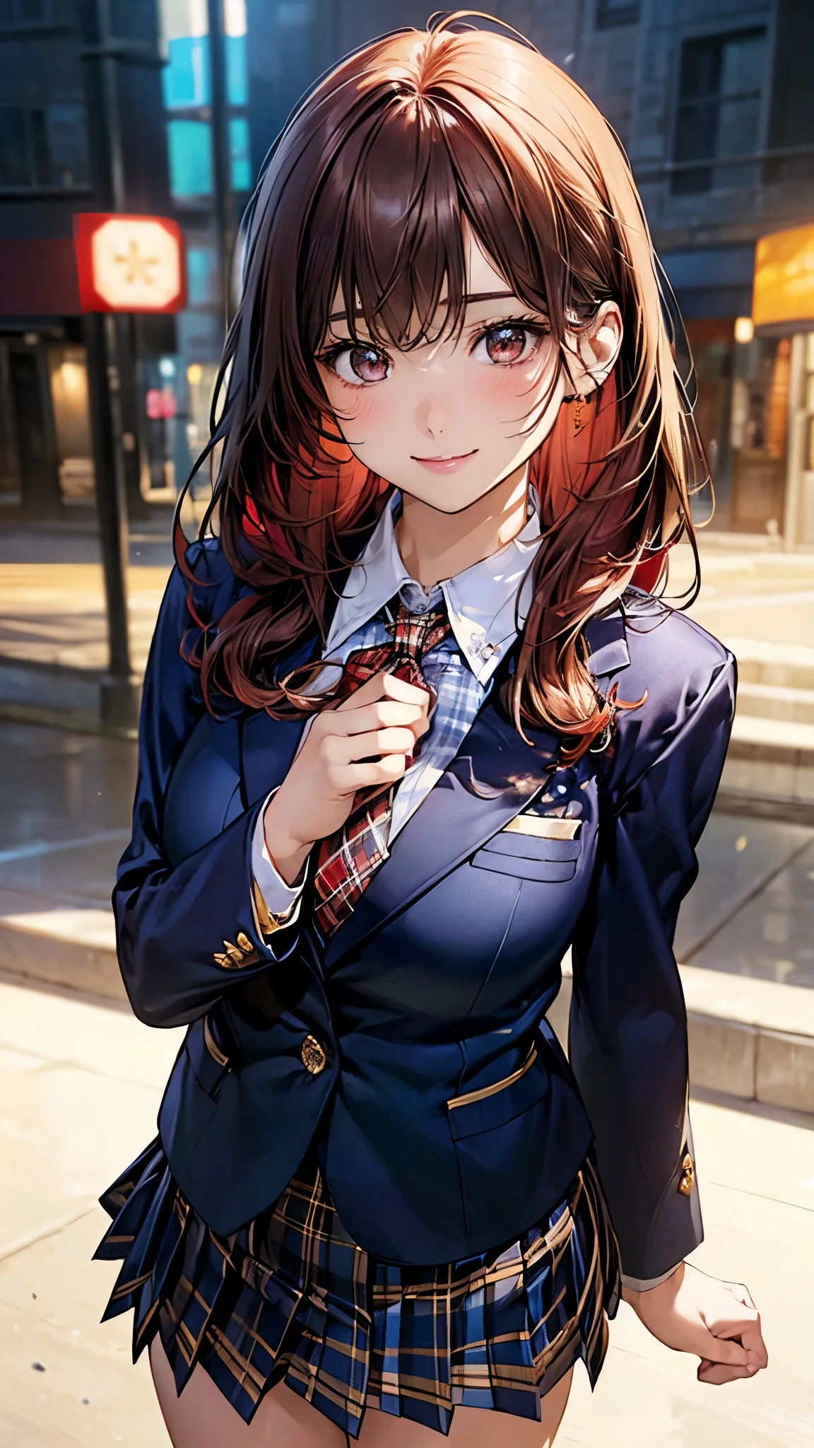 (masterpiece:1.2, top-quality), (realistic, photorealistic:1.4), beautiful illustration, (natural side lighting, movie lighting), 
looking at viewer, cowboy shot, front view, 1 girl, japanese, high school girl, perfect face, cute and symmetrical face, shiny skin, 
(middle hair:1.2, (two side up:1.2), light brown hair), gold eyes, (large breasts:0.6, seductive thighs), 
beautiful hair, beautiful face, beautiful detailed eyes, beautiful clavicle, beautiful body, beautiful chest, beautiful thigh, beautiful legs, beautiful fingers, 
(((navy blazer, close blazer), white blouse shirt, light blue plaid pleated skirt, red ribbon tie), red hair ribbon), 
(beautiful scenery), evening, riverside, walking, (lovely smile, upper eyes), 