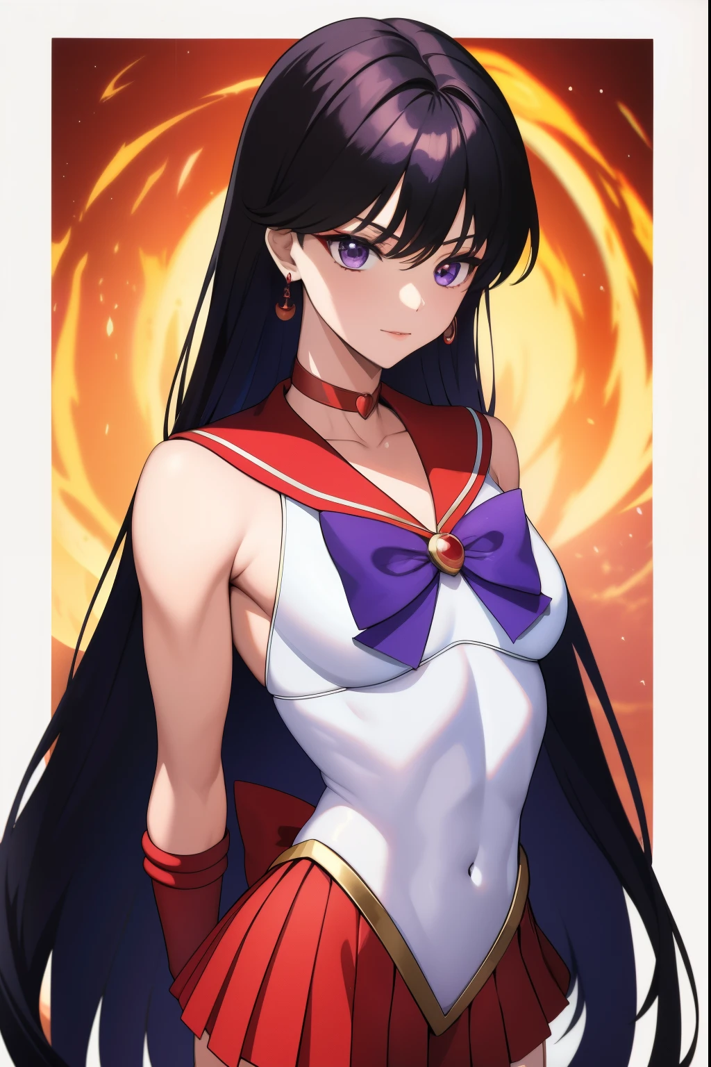 highest quality、masterpiece、High definition、4Kstyle、High resolution、anime boy、かっこいいanime boy、Sailor Senshi Uniform、solo、Red sailor collar、Blue bow tie、Boy with very long black hair、Flames around him、skirt、Magical Boy、red choker、white leotard、high leg leotard、white dress, traditional_media、fire、lips、marker_(medium)、red skirt、neck、Upper body、burning、elbow bag、wearing makeup、jewelry、Golden Circlet、glaring、white gloves、eyelash、red lipstick、Mocking、muscular man、flame、blue_bow、mini skirt、pleated skirt、Bare shoulders、back_bow、muscular and strong body、strong abdominal muscles、earrings、Boy with Purple Eyes、Boy with Black Eyes、multicolored_background、covered_navel、male focus、(1990s\(style\):0.9)