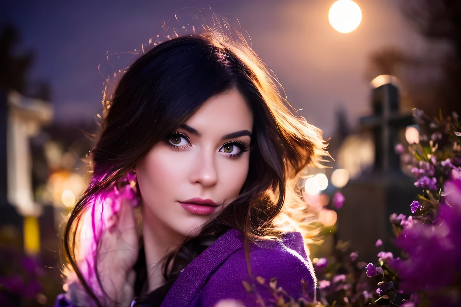 Generate a hyper-realistic image that employs the shallow depth of field technique to highlight a Gothic girl at ((night in a cemitery)) setting, (((under the moonlight))). Black hair, The girl should be the focal point, with crisp clarity, while the background of the Gothic cemitery should be gently blurred to create a bokeh effect. (((In the foreground, A Christian cross))) should be visible but blurred, adding depth to the composition.", adding depth to the composition. Sony Alpha A7R III, macros lens , f/5.6. ((Cinematic purple and magenta Lighting)) .