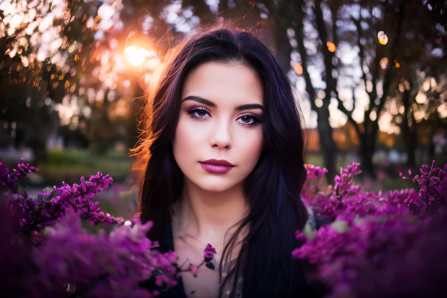 A beautiful portrait of a beautiful young girl, 25 years old, highly detail, HDR, portrait photography, forest background, long beautiful purple dress to the foot, wearing sunglass, (full body photo), camera looking straight, cinematic look, HD