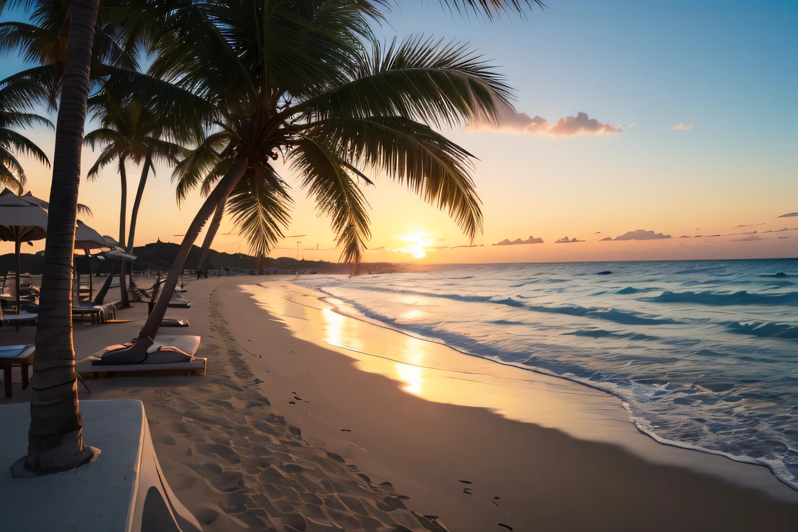 Paisagem de tiro largo, breath-taking sunset, Praia Serena, sparkling water, Praias de areia branca, Swinging palm trees, gaivotas voando, colorful parasols, Atmosfera relaxada, holiday vibes.