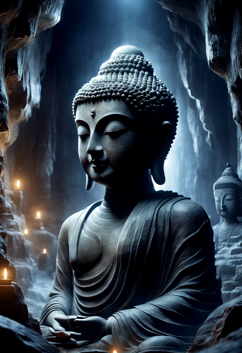 Long shot wide angle view of Buddha statue in dark cave underground space extremely mysterious zen meditation、Depth of field, movie-like dreamy scene with multiple Buddha stone statues , Black rock statue with intricate texture, 4k artwork masterpiece,Best quality visual effects,
Ultra-detailed lighting effects, fantasy art and mysterious atmosphere,Dramatic lighting with depth of field