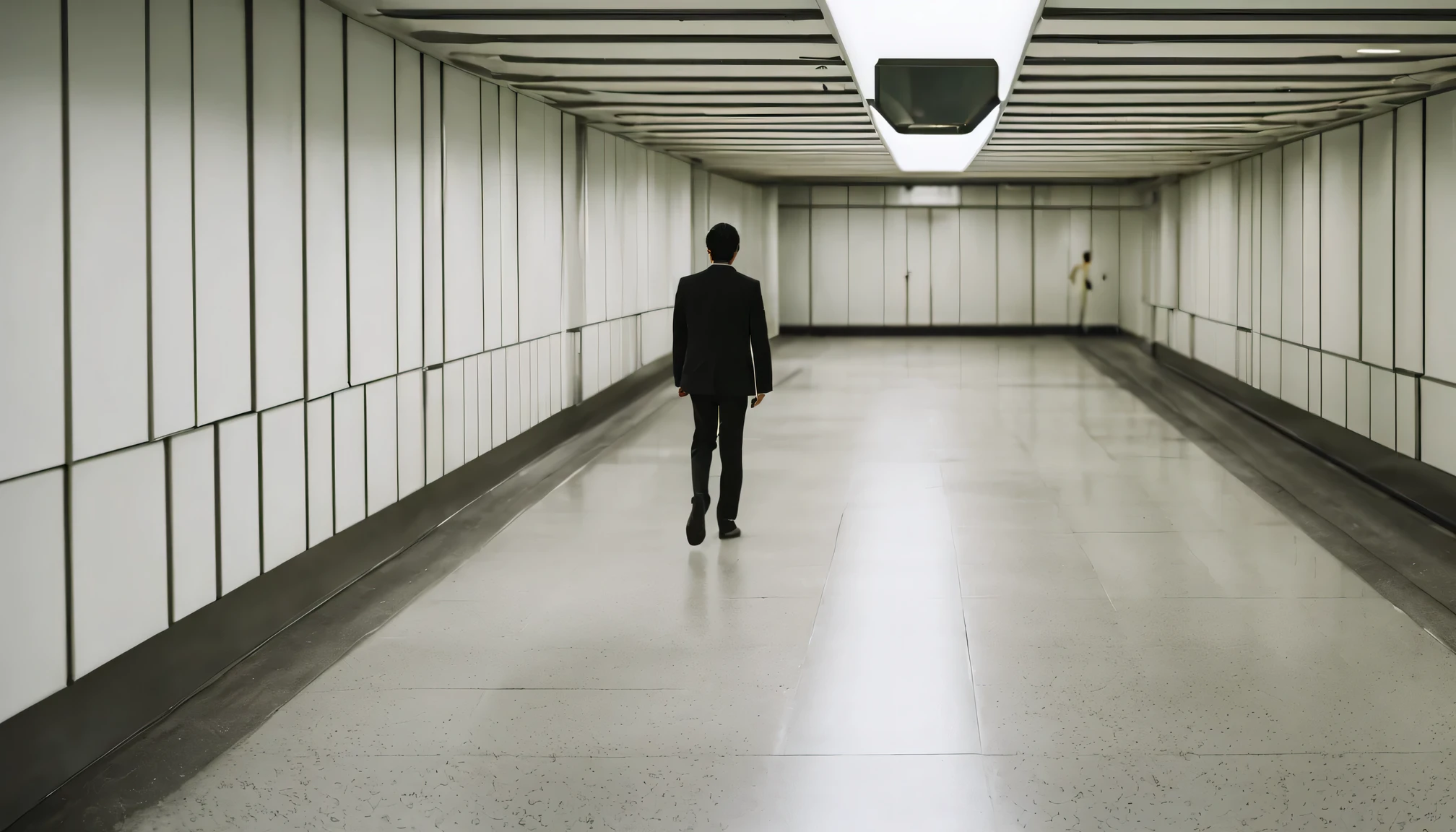 There is a man walking down a long hallway with a suitcase.., subway station, Japan. volume lighting, underground scene, akihiko yoshida. unreal engine, realistic unreal engine 3 d game, [ realistic pictures ]!!, tokyo futuristic and clean, hyper-realistic environment, on the subway, Underground facilities, Endless corridors, 8K. volume lighting, subway exit, (((aisle, white wall, white wallのaisle:1.9, 明るいaisle, Exit 8))),