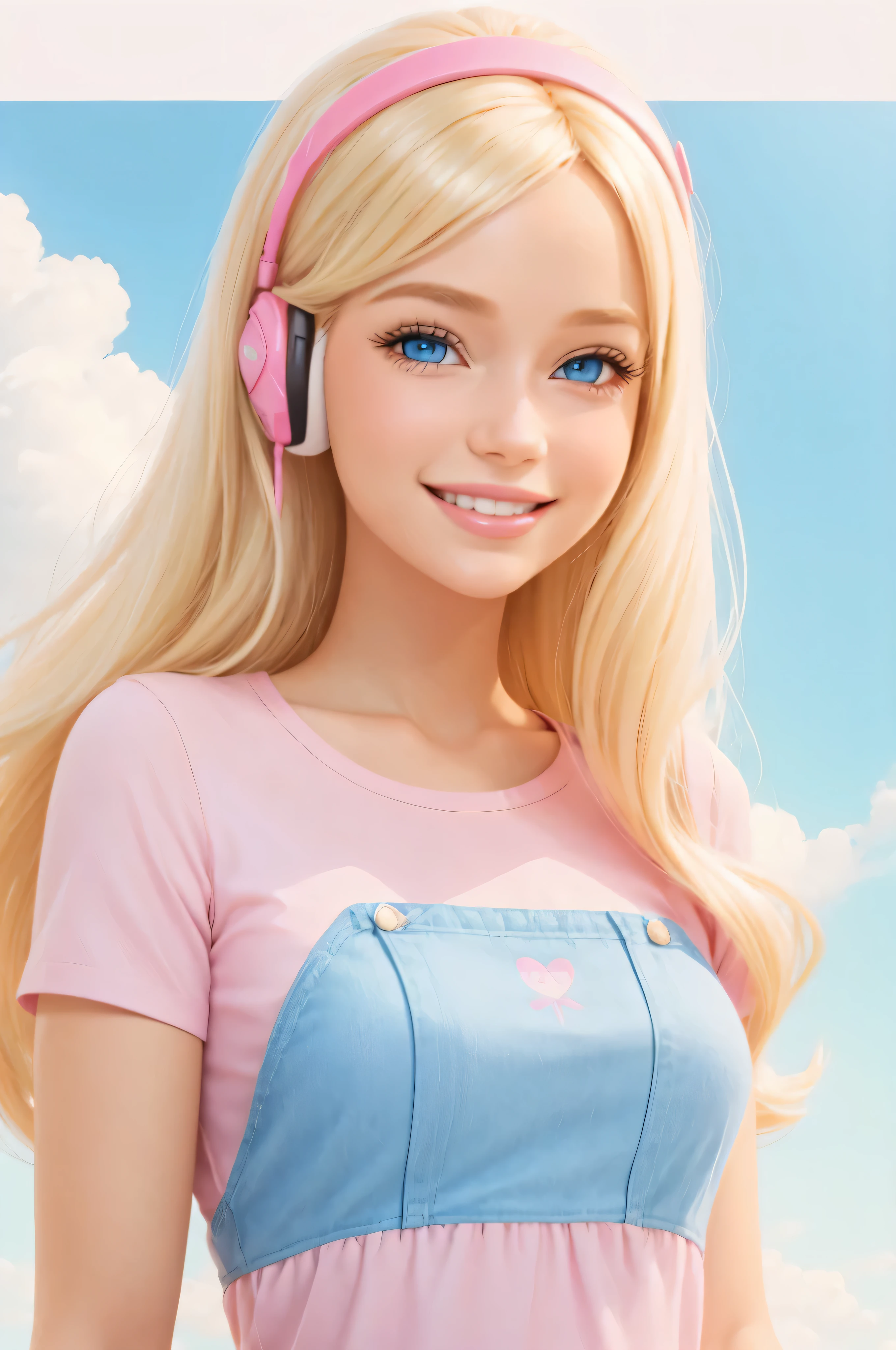 digital illustration, a happy girl with light blonde hair, talking on the cell phone, pink shirt, bright blue eyes, smiling, open framing, full body. Barbie style, clothing details. angelic beauty, neutral background with nothing.