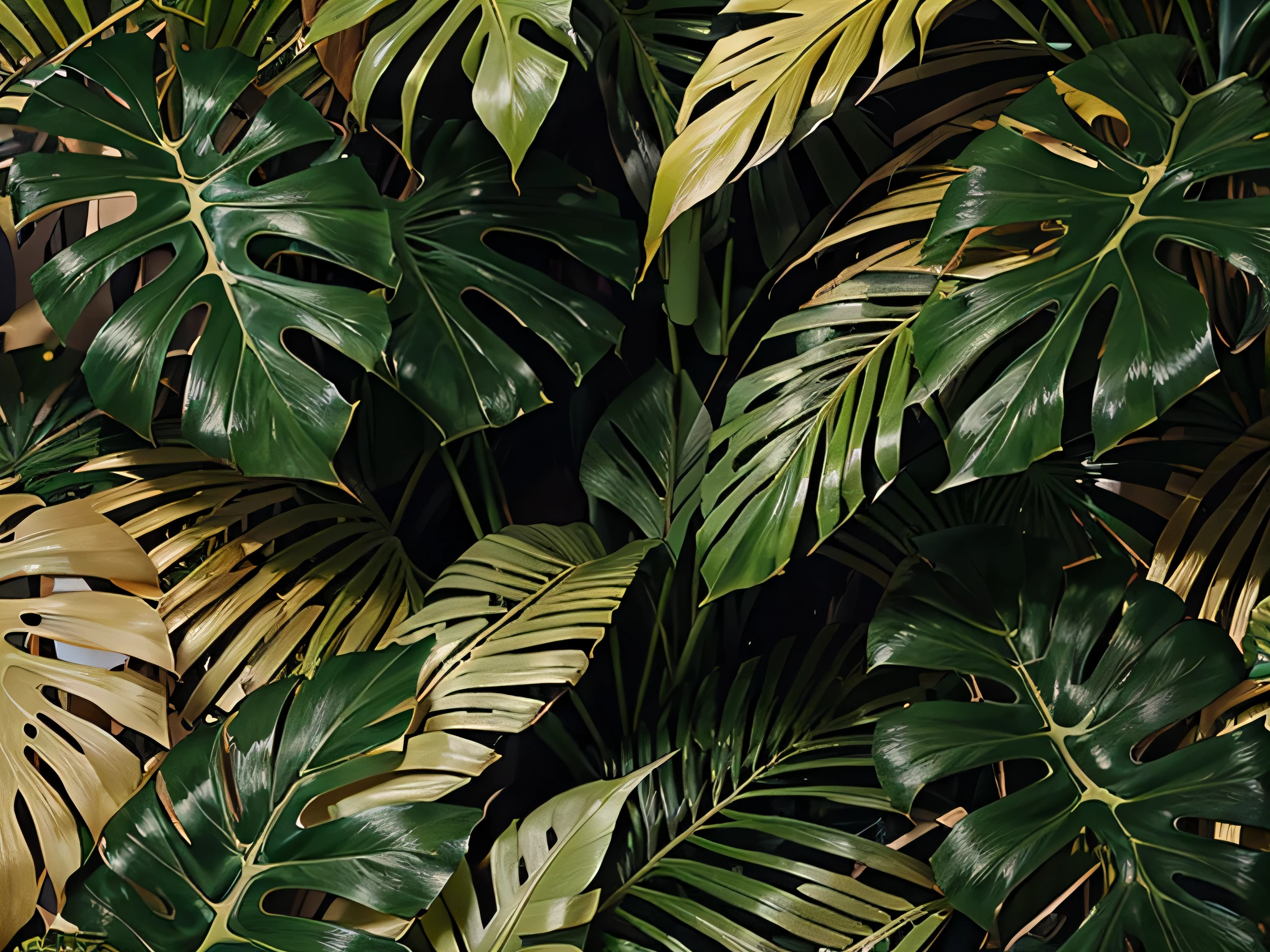 Folhas tropicais sem costura de fundo, flat design of golden and black monstera palm foliage decoration