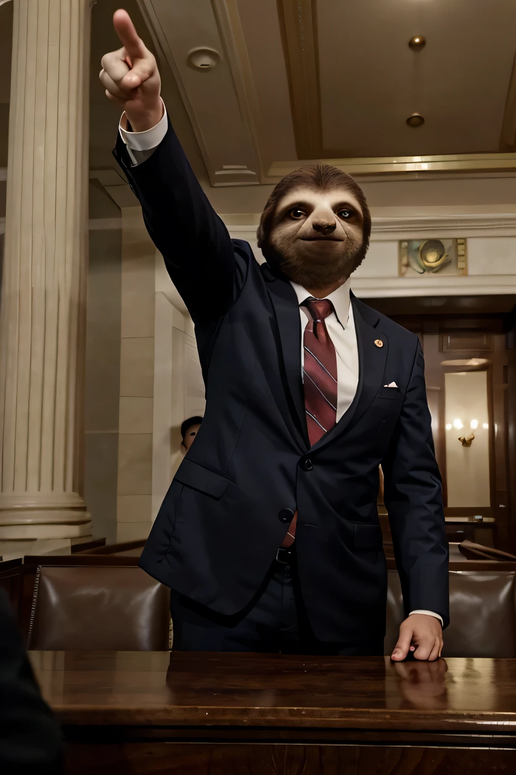 A sloth wearing a suit in the congress, looking at his left, pointing at the crawd on the left, politicians, cogress, people screaming, politicians mad, lots of politicians man behind