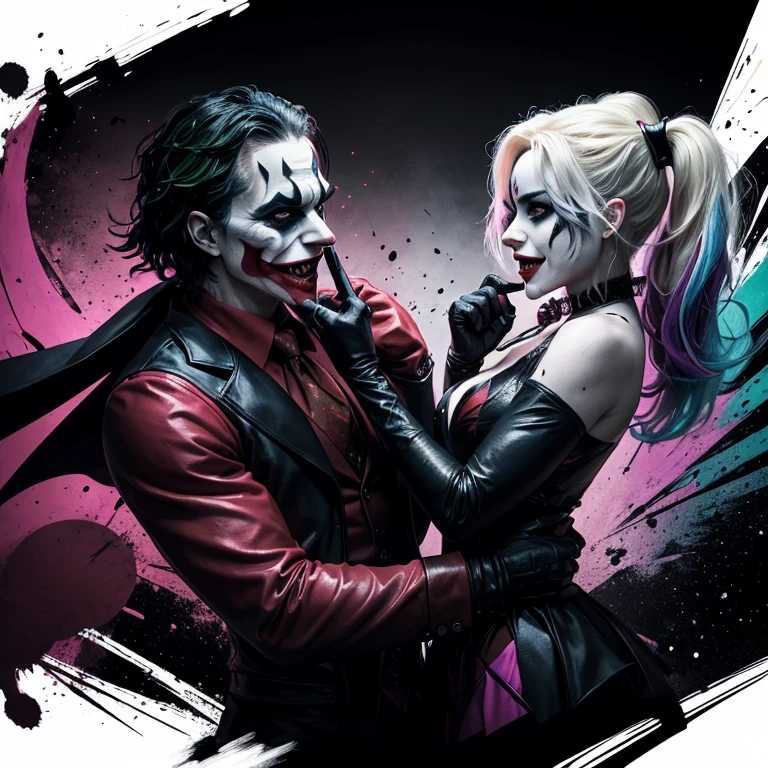 Transforming darkness into art, create an abstract & conceptual rendition of Joker and Harley Quinn, capturing his enigmatic personna. Embrace bold strokes, striking lines, and vibrant colors to convey the duality between hero and vigilante. Infuse the artwork with motion and energy, depicting Joker and Harley Quinn as an abstract force against a backdrop of shattered darkness.