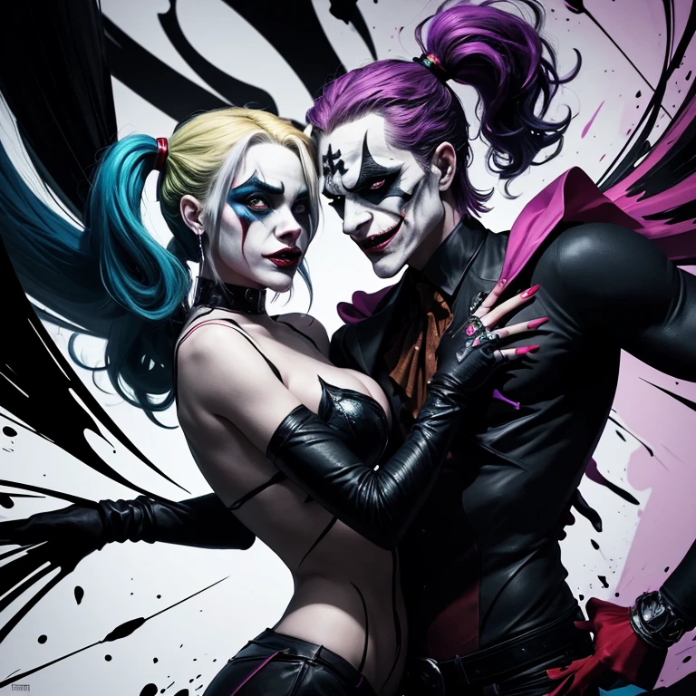 Transforming darkness into art, create an abstract & conceptual rendition of Joker and Harley Quinn, capturing his enigmatic personna. Embrace bold strokes, striking lines, and vibrant colors to convey the duality between hero and vigilante. Infuse the artwork with motion and energy, depicting Joker and Harley Quinn as an abstract force against a backdrop of shattered darkness.