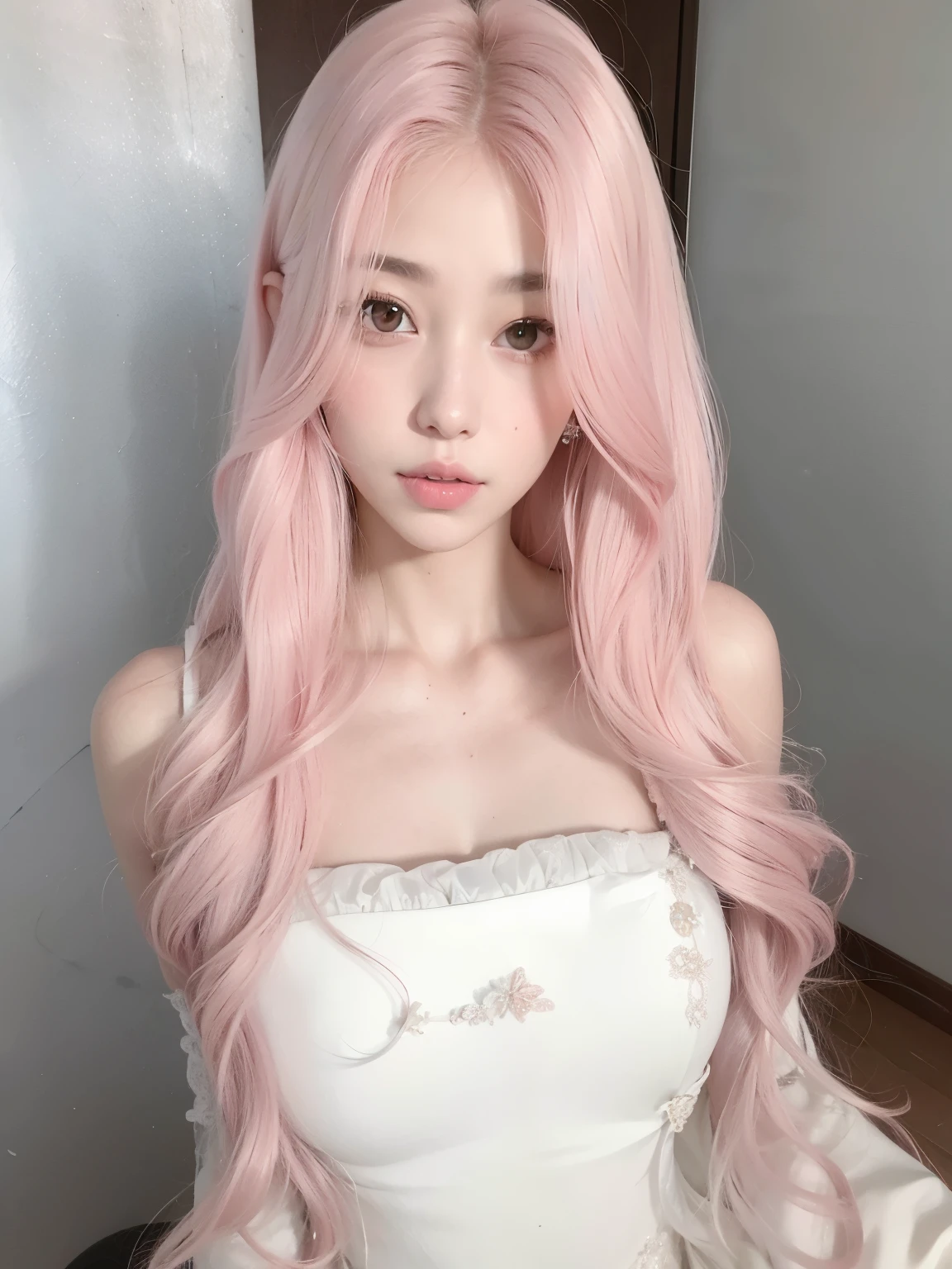 a close up of a woman with pelo largo y rosa wearing a white dress, long cabello rosado que fluye, cabello rosado que fluye, pelo muy largo rosa claro pastel, rosa pastel skin tone, rosa pastel, ulzzang, con cabello rosado, pelo largo color chicle, pelo largo y rosa, pelo liso rosa, long cabello rosa claro, rosa pastel, cabello rosa claro, bella delfina