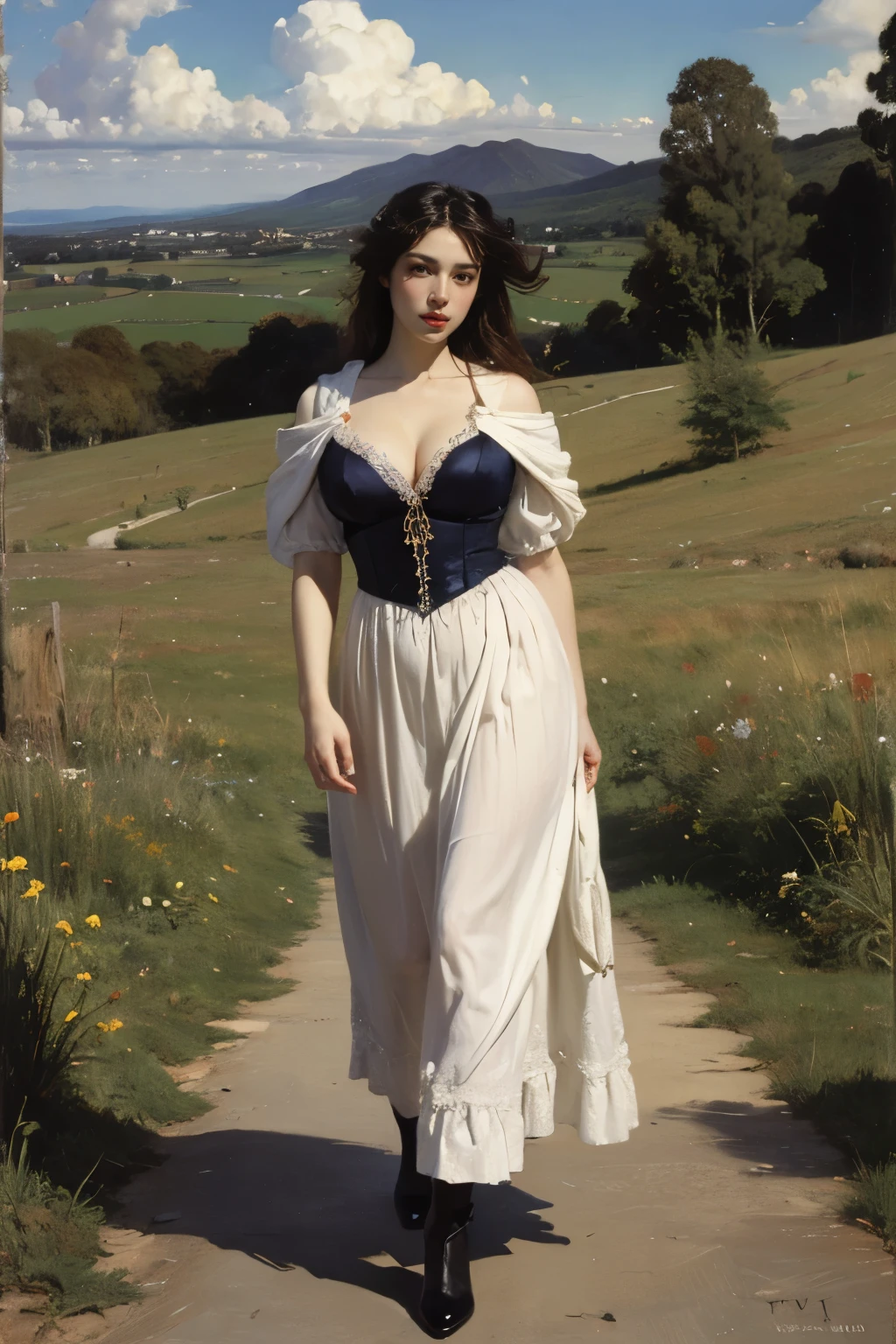 (((oil painting by John Everett Millais))),
A beautiful mature woman standing, in Alphonse Mucha style, beautiful face,long hair, wind,bangs, a giant spaceship behind her, blue sky, cleavage, perfect body, perfect breasts, high heels, chubby body, micro dress, long legs,
