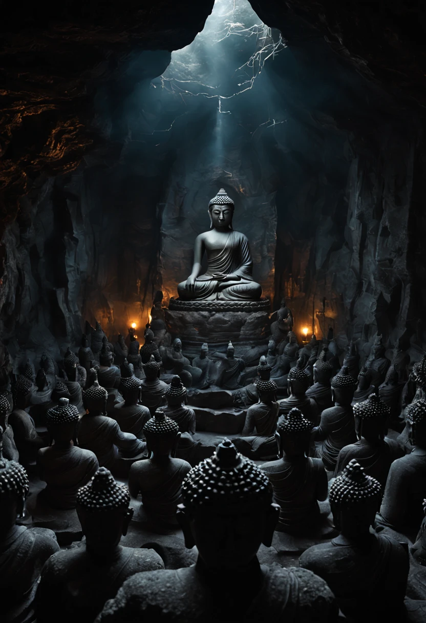 Long shot wide angle view of Buddha statue in dark cave underground space extremely mysterious zen meditation、Depth of field, movie-like dreamy scene with multiple Buddha stone statues , Black rock statue with intricate texture, 4k artwork masterpiece，Best quality visual effects,

      Ultra-detailed lighting effects, fantasy art and mysterious atmosphere,Dramatic lighting with depth of field