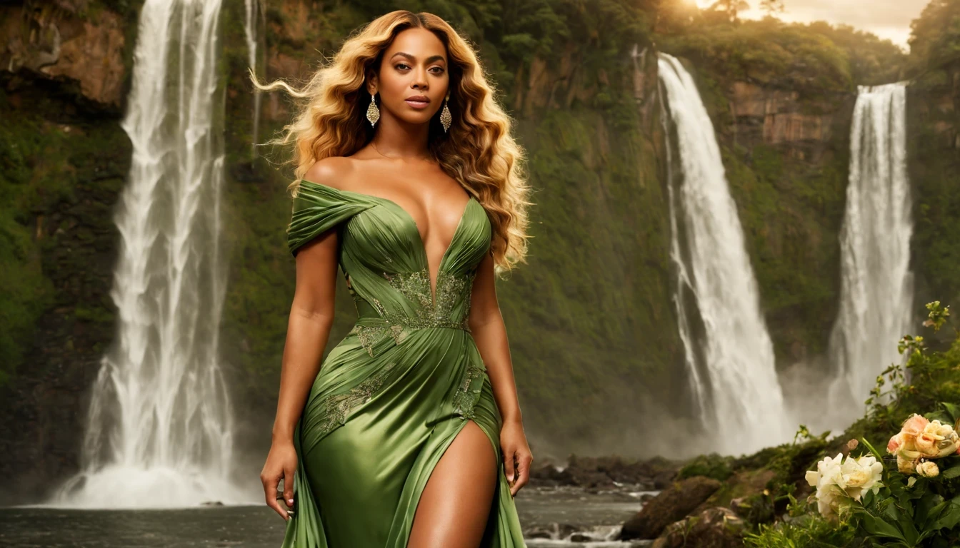beautiful young lady (Beyoncé), (27 anos), vestido longo Verde, de corpo inteiro, rocher, Very realistic waterfall, coucher du soleil, fleurs