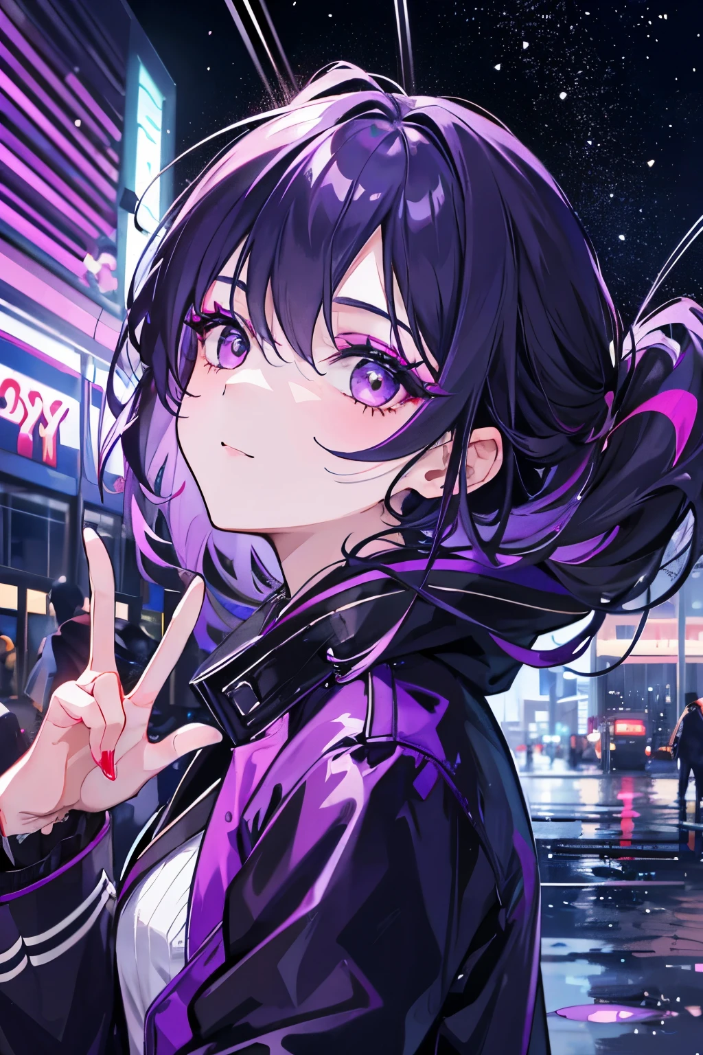 1girl, with vibrant makeup, in a night city covered in heavy rain, wearing an elegant purple coat, looking up with a confident expression.
