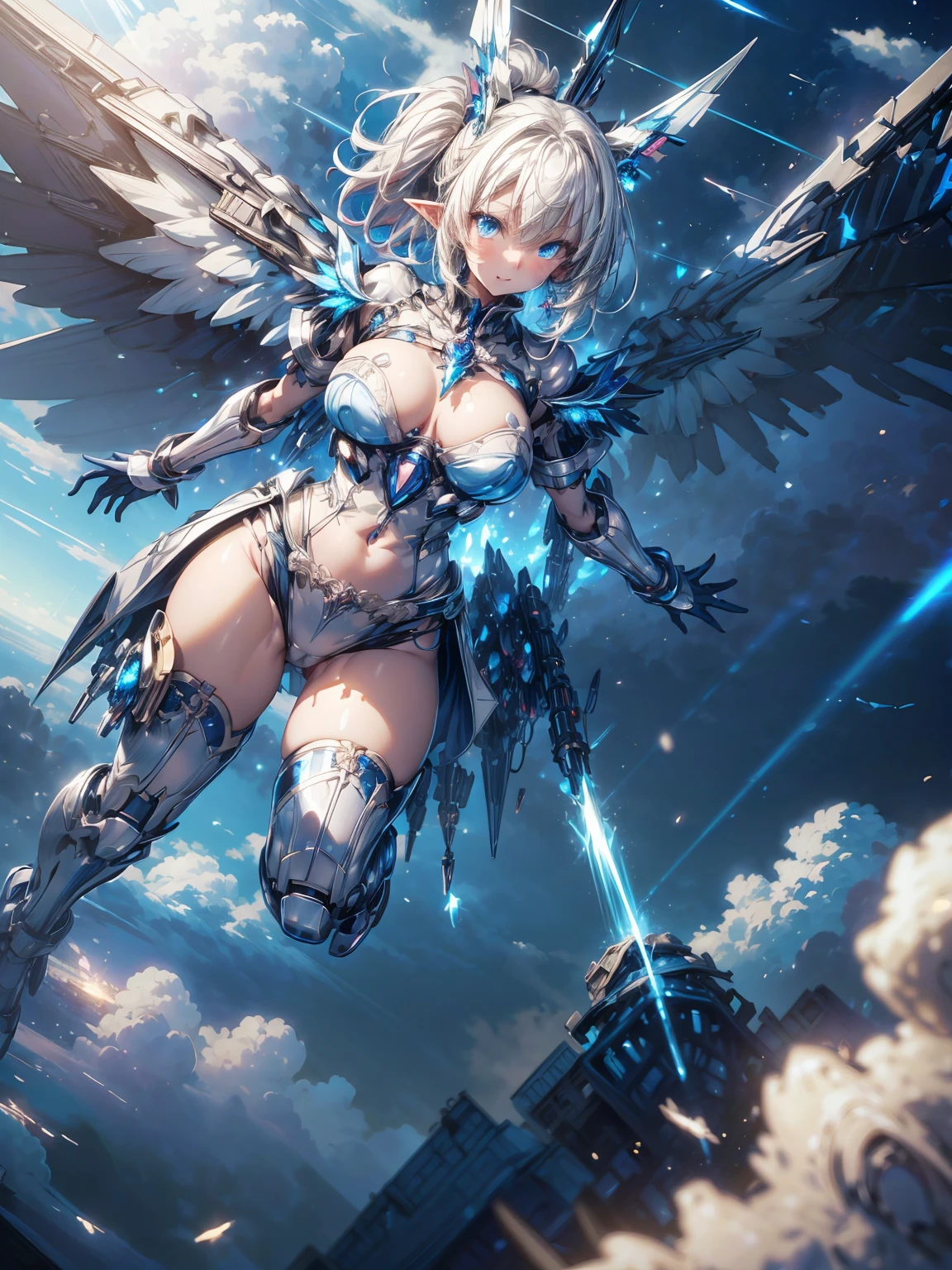 (masterpiece、highest quality, wonderful, very detailedティッカーユニティ、8k wallpaper, Depth of written boundary, Ultra-fine illustration:1.5)、。.。.。.。.3D, very detailed, (Full body Esbian、Mecha elf girl:1.3), sci-fi battlefield, Hawken, smile, open your mouth、short ponytail hair, (white blonde hair, deep blue eyes:1.2), sparkling eyes, cute顔, cute, big breasts, delicate hair, messy hair, (((Flying high in the sky))、blue sky, White cloud), shiny hair, shiny skin, (Symmetrical mechanical winetallic colored mechanical wings that are widely expanded to the left and right so that they protrude wonderfully from the screen, headgear, white hair ornament), (particles of light, cinematic lighting: 1.3), (pale pink lips: 0.8), by Yusuke Murata.