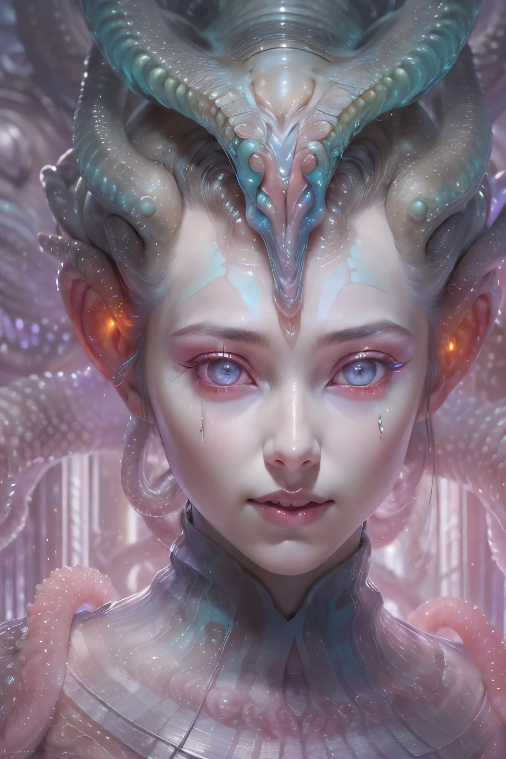 (A portrait of one beautiful and obscene female alien who is a young ager:1.4), ((There is a female genital-like organ in the middle of her forehead:1.8)), (Numerous award-winning masterpieces, with incredible detail, textures and maximum detail), artistic photography, midnight aura, unreal engine 5, Ultra Sharp Focus, art by Amano Yoshitaka, ArtGerm, Roisch, intricate artwork,ultra realistic realism, high resolution, High freshness, drawing faithfully, official art, Unity 8K Wall paper, ultra detailed artistic photography, dream-like, Creation of fantasy, dream Snail, (biopunk nautilus:1.3),Thrilling color schemes, seductively smiling, Amazing mutation, well-proportioned body, goddess of the deep sea, fractal, Geometric pattern, impossible figures, (translucent white tentacles with stripes:1.4), subtle emerald green accents, (smiling seductively:1.3),(She has the most beautiful face in the history of the universe:1.5), Penelope Cruz, (she is looking at viewers with glowing red eyes with no pupils:1.3), an evil gaze that seduces