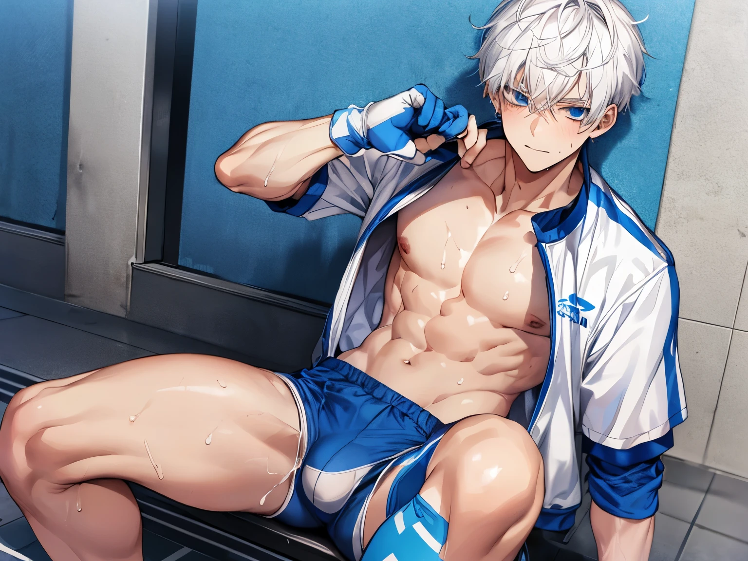 young male ager, white hair, blue eyes, sport clothes, sweating, sexy, hot