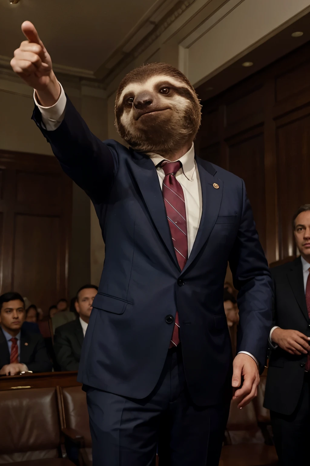 A sloth wearing a suit in the congress, looking at his left, pointing at the crawd on the left, politicians, cogress, people screaming, politicians mad, lots of politicians man behind