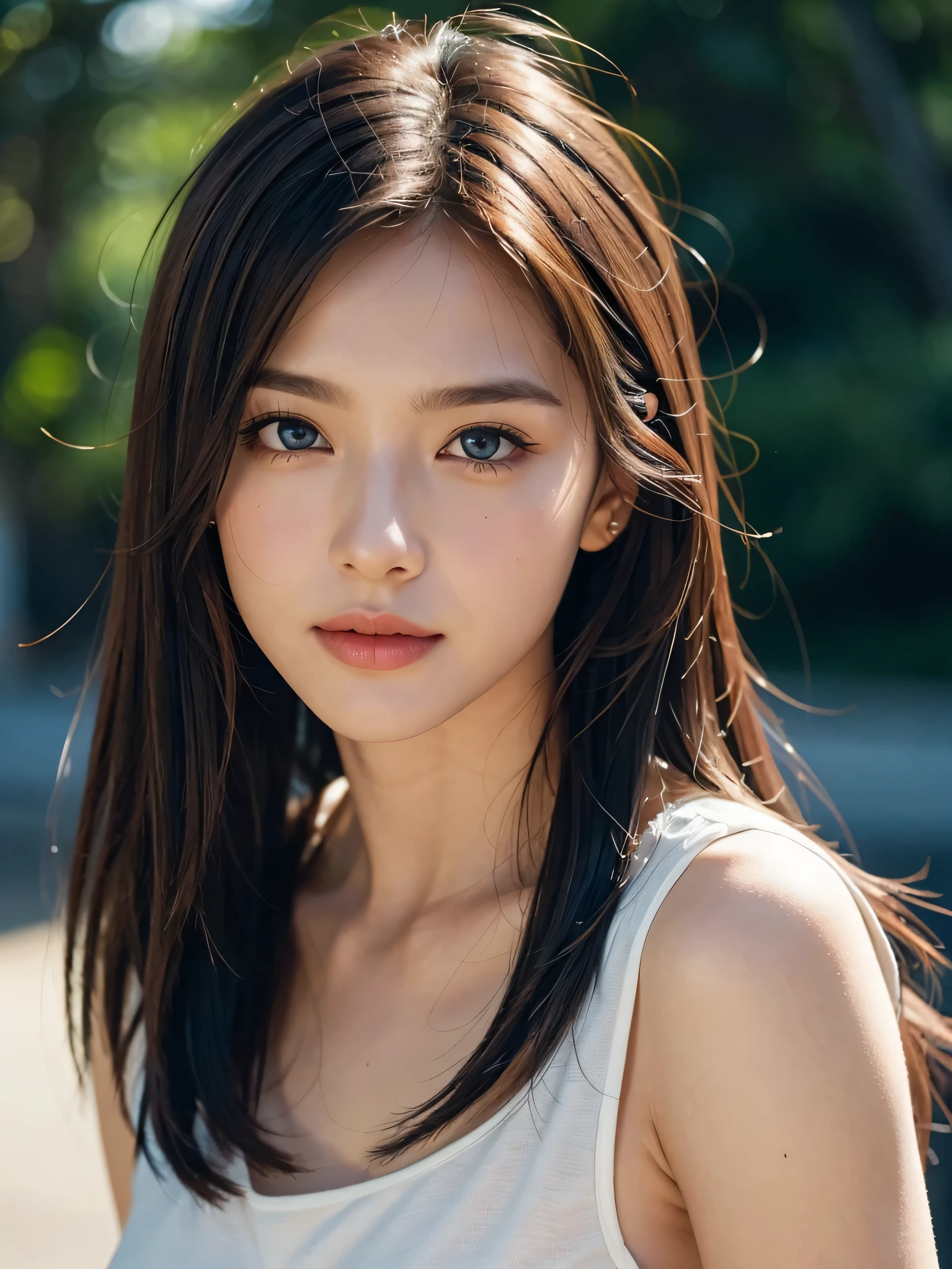 1 girl, cute, cute, gentle features、glossy lips、 blue eyes, double eyelids in both eyes、natural makeup, sad smile, (eye highlights:1.2), long eyelashes are bright, medium hair, smooth light bright golden hair, hair swaying in the wind, bangs、center image、8K、high detail、detailed hairstyle、detailed face、great movie lighting、octane rendering、vibrant、surreal、perfect limbs、perfect anatomy, beautiful proportions,