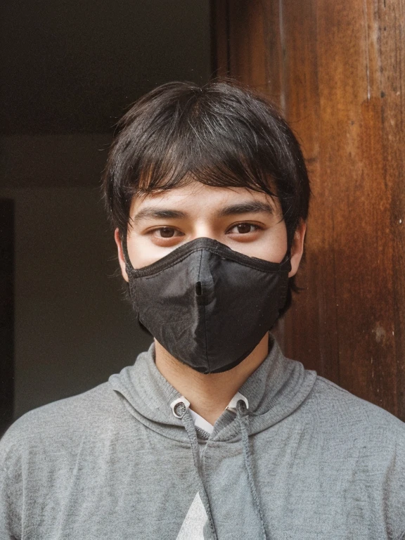 a boy about twenty years, black hair and eyes, masked