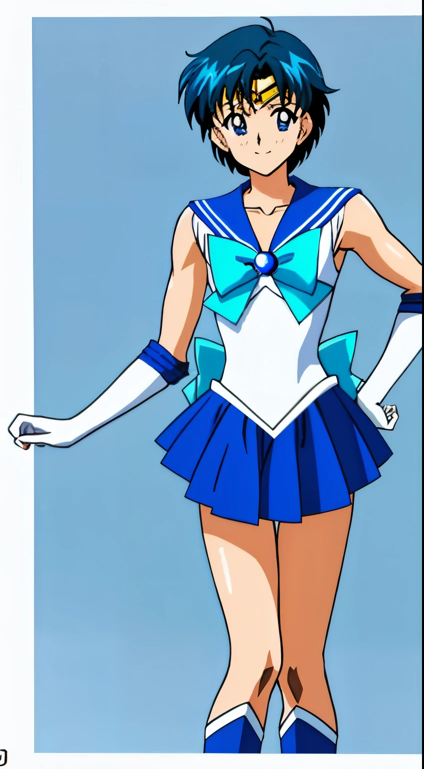 Top Quality Anime Art、masterpiece、high definition anime art、アニメstyle8K、High resolution、Cool boys、Boy standing、solo、Very short blue-haired boy、Blue-eyed boy、earrings、Golden Circlet、Sailor Senshi Uniform、white gloves、elbow bag、Strong muscles、blue choker、jewelry、white leotard、high leg leotard、white dress、blue sailor collar、Sky blue bow tie、blue skirt、mini skirt、pleated skirt、Muscular and strong、Blue Heeled Boots、Bare shoulders、bare legs、staring at、an retro anime image、smile、Hymns to the King as a Prince、muscular man、male focus、Retro Anime Boys、(1990s\(style\)0.9)、