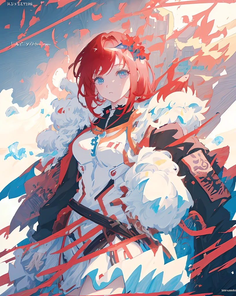 (Red hair, Blue-eyed) Anime characters pose for photos, (Detailed keyframe animation art), (film poetic style), (Genshin Impact), (Detailed digital animation art), (from the night of the ark), (Anime Fantasy Illustration), (Detailed anime art), (Zero Two Inspiration Art), (Detailed anime art with a touch of work-like feel), (Hot topics on artstation and pixiv), (Female character key art inspired by Kushatcruents), (fantasy style anime), (light novel cover art)
