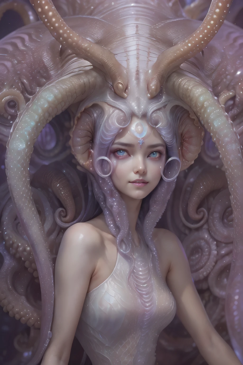 (A portrait of one beautiful and obscene female alien who is a young ager:1.4), ((There is a female genital-like organ in the middle of her forehead:1.8)), (Numerous award-winning masterpieces, with incredible detail, textures and maximum detail), artistic photography, midnight aura, unreal engine 5, Ultra Sharp Focus, art by Amano Yoshitaka, ArtGerm, Roisch, intricate artwork,ultra realistic realism, high resolution, High freshness, drawing faithfully, official art, Unity 8K Wall paper, ultra detailed artistic photography, dream-like, Creation of fantasy, dream Snail, (biopunk nautilus:1.3),Thrilling color schemes, seductively smiling, Amazing mutation, well-proportioned body, goddess of the deep sea, fractal, Geometric pattern, impossible figures, (translucent white tentacles with stripes:1.4), subtle emerald green accents, (smiling seductively:1.3),(She has the most beautiful face in the history of the universe:1.5), Penelope Cruz, (she is looking at viewers with glowing red eyes with no pupils:1.3), an evil gaze that seduces