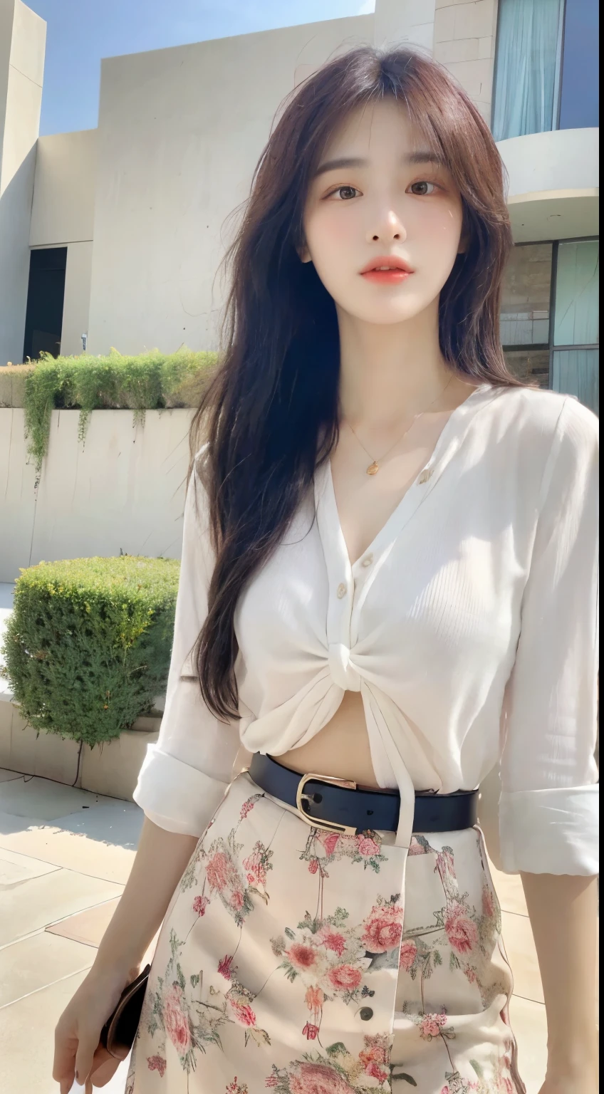 (best quality, high resolution, masterpiece: 1.3), A tall and beautiful female eye, Little mouth, kiss, Embrace, slim abs, dark brown hair,loose waves, breast, Delicate pendant, white button-down blouse, no belt, Floral skirt, (Modern architecture background), Beautifully rendered details on faces and skin textures, delicate eyes, double eyelids, Lovely