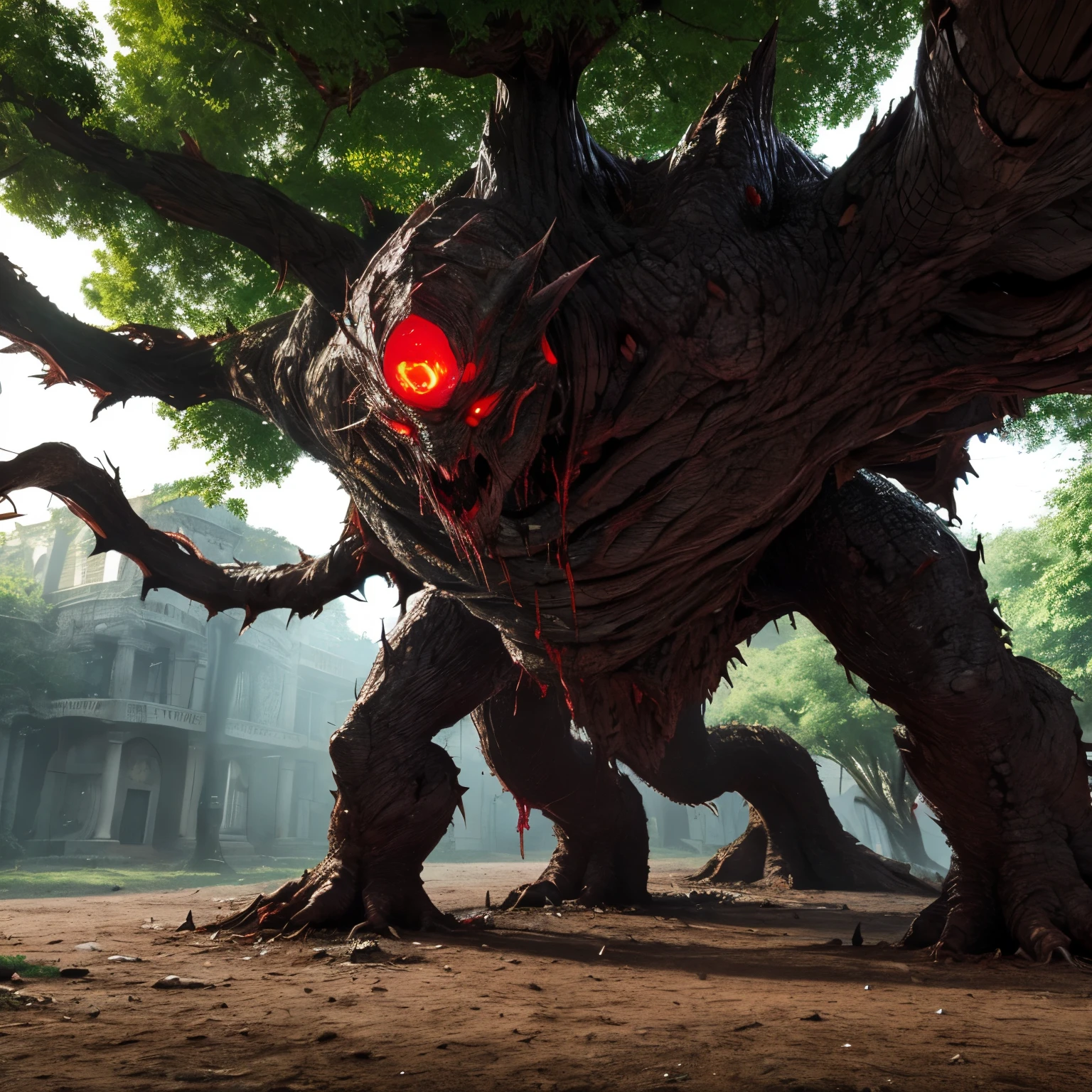 monster,tentacle,scale,bat wings,Bulk,monster,Evil God,eyeball,magic book,cane,red eyes,tree skin,Blood vessel,quadrupedal walking,to be born々new,Evil,core,Lots of mouths,teeth,sharp nails, negative aura,spines,Tree roots,wood monster,